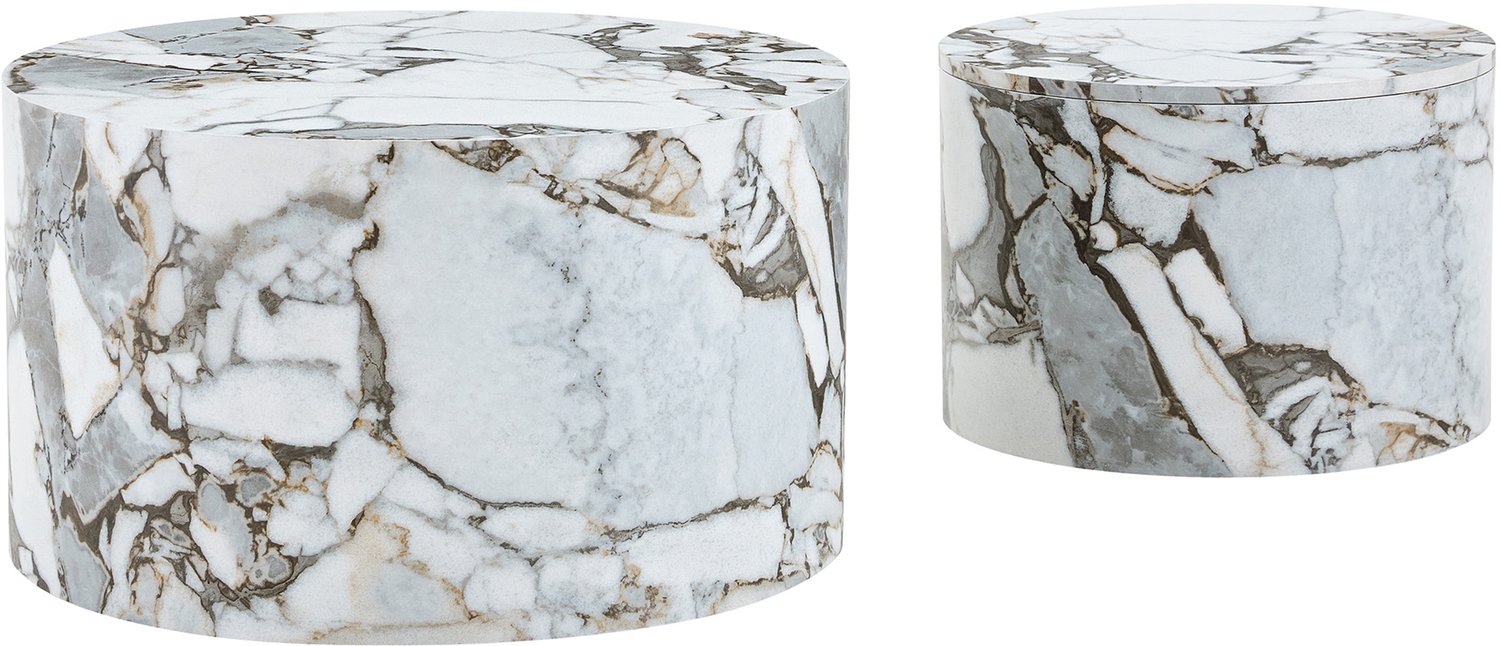 HAUSS SPOLE Ronde Salontafels Set Van 2 - Nestbaar Met Opbergruimte En Afneembaar Deksel - Voor Woonkamer - MDF Met Marmerlook - 62,8 En 44 Cm - Wit