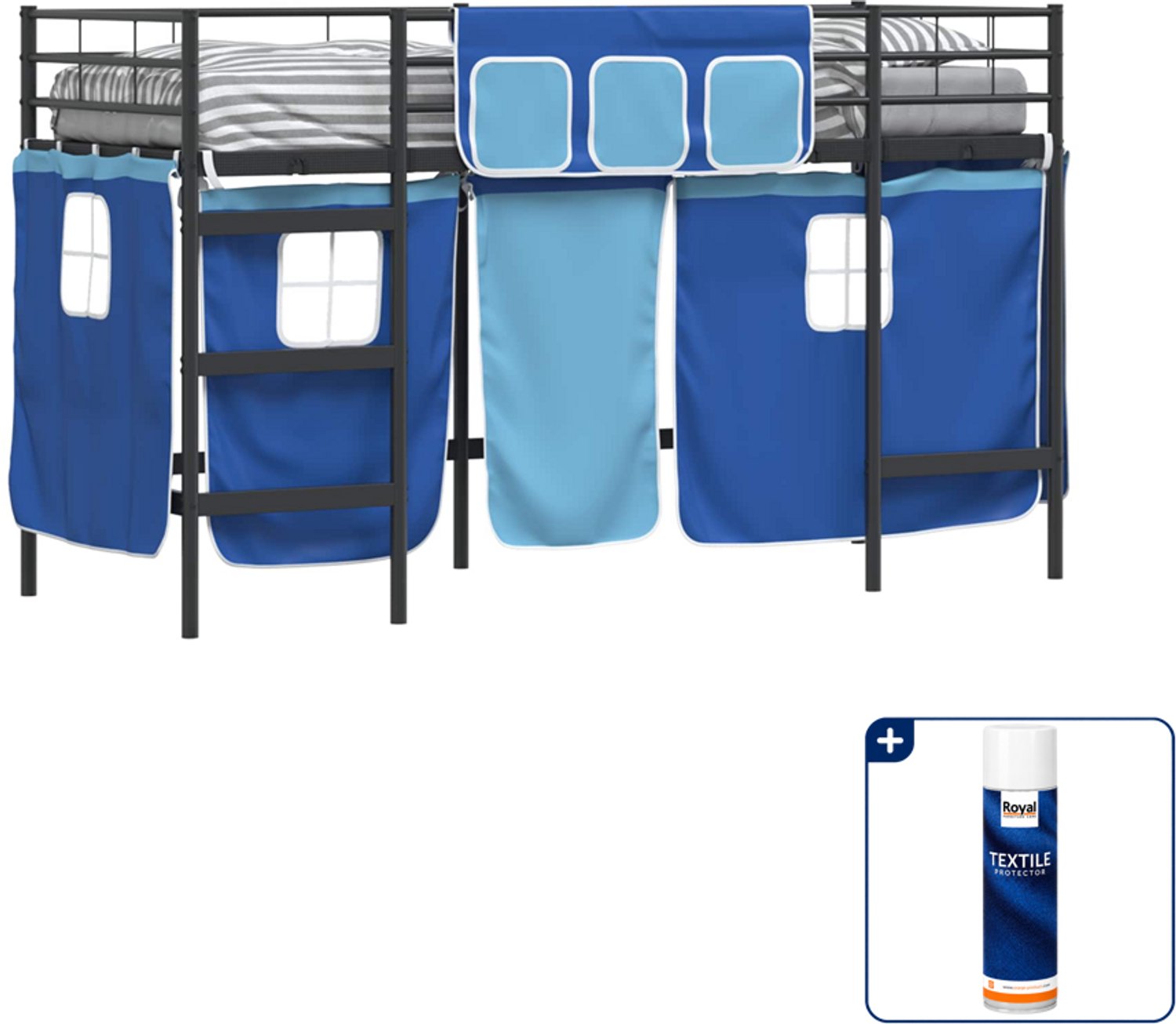 vidaXL kinderhoogslaper met gordijnen - 100 x 190 cm - zwart en blauw - Inclusief textielbeschermer 500 ml