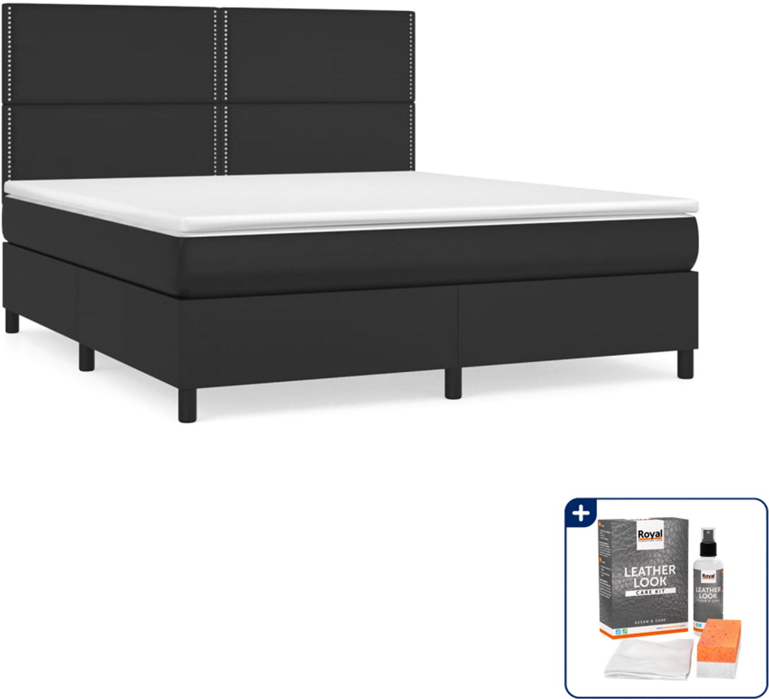 vidaXL Kingsize boxspring met matras - 180 x 200 cm - zwart - Inclusief onderhoudsset voor kunstleer 150 ml