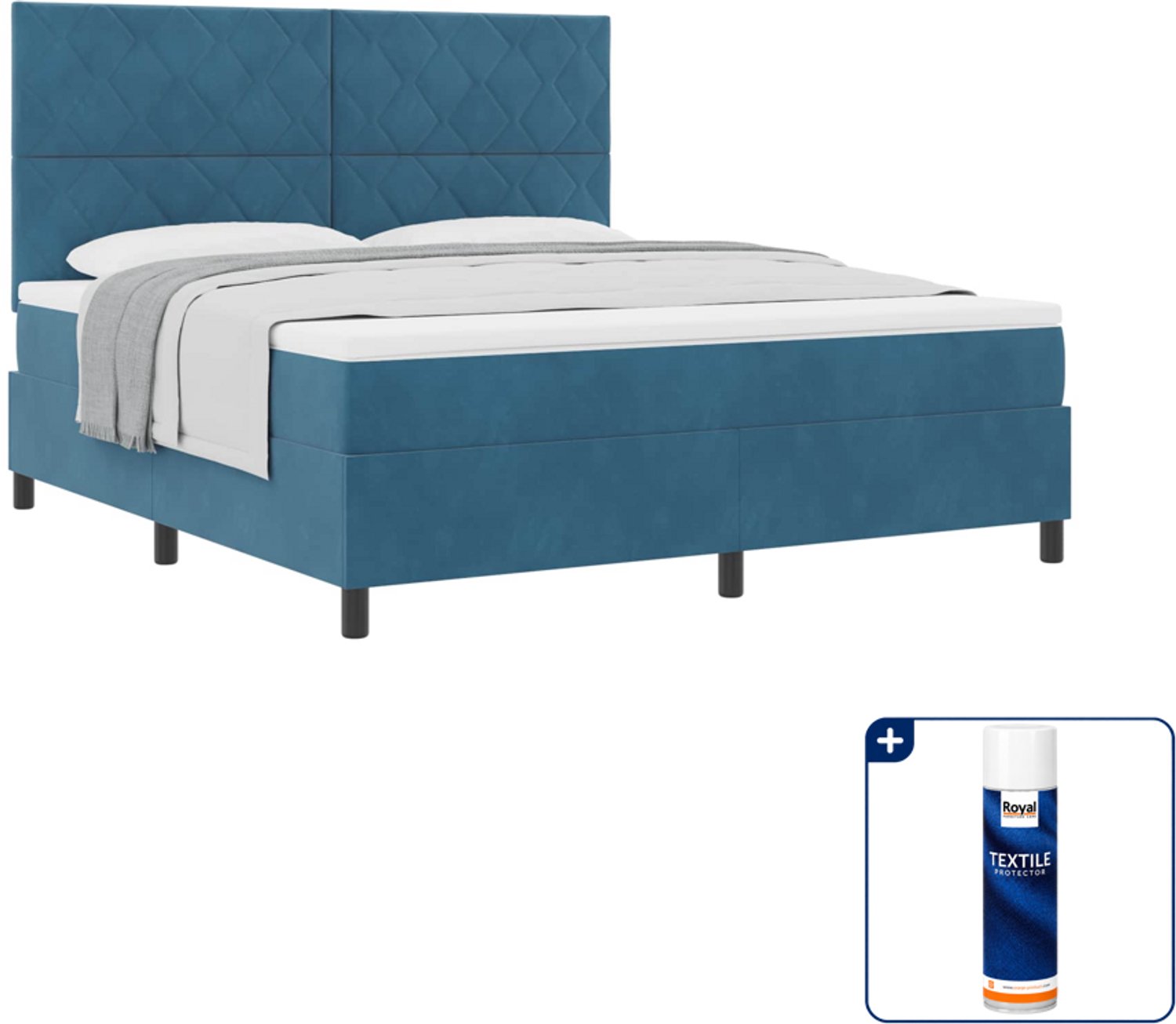 vidaXL Kingsize boxspringbed - 180 x 200 cm - donkerblauw - fluweel - Inclusief textielbeschermer 500 ml