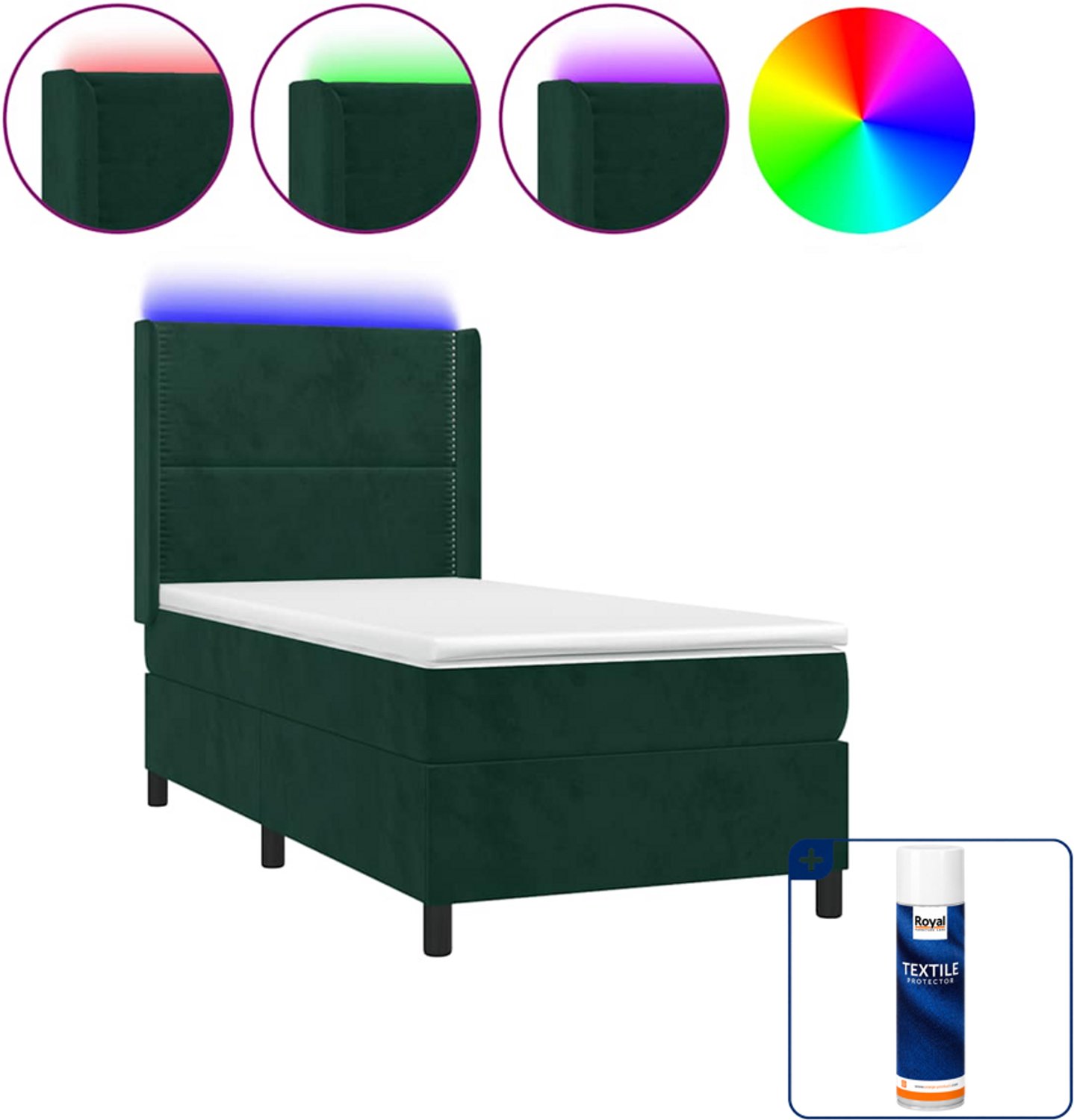 vidaXL boxspring met matras en led - 90 x 200 cm - fluweel - donkergroen - Inclusief textielbeschermer 500 ml