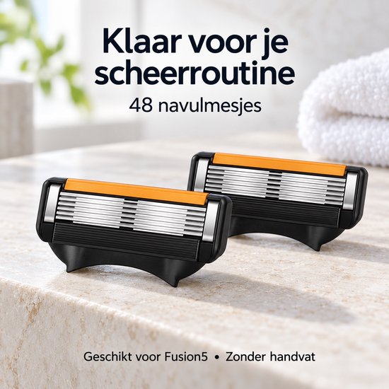 Twee Fusion5 compatibele navulmesjes op een marmeren ondergrond bij een witte handdoek.