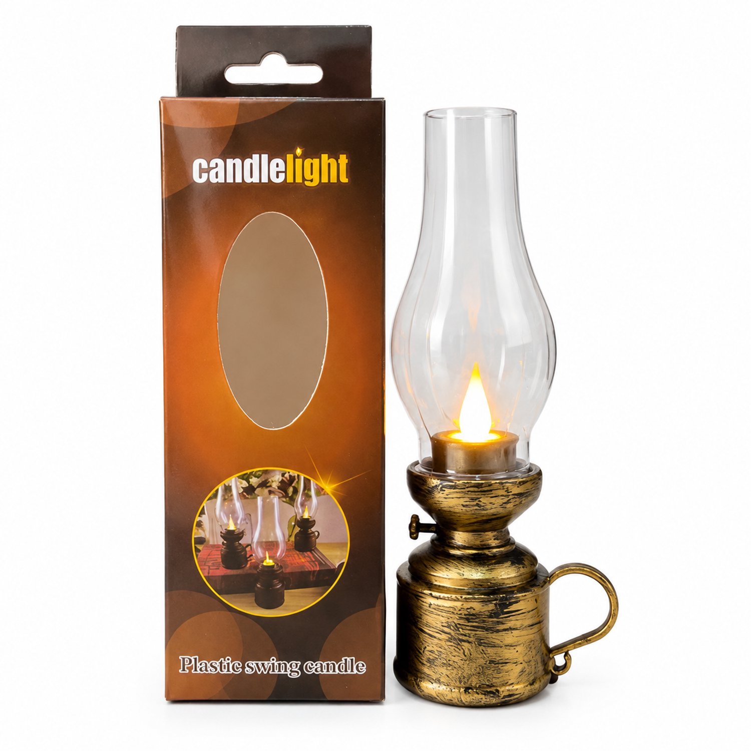 SWGOTA led kaarsen in retrostijl: decoratieve kaarslamp in petroleumlampstijl, antiekgoudkleurig, met transparante kap en doos