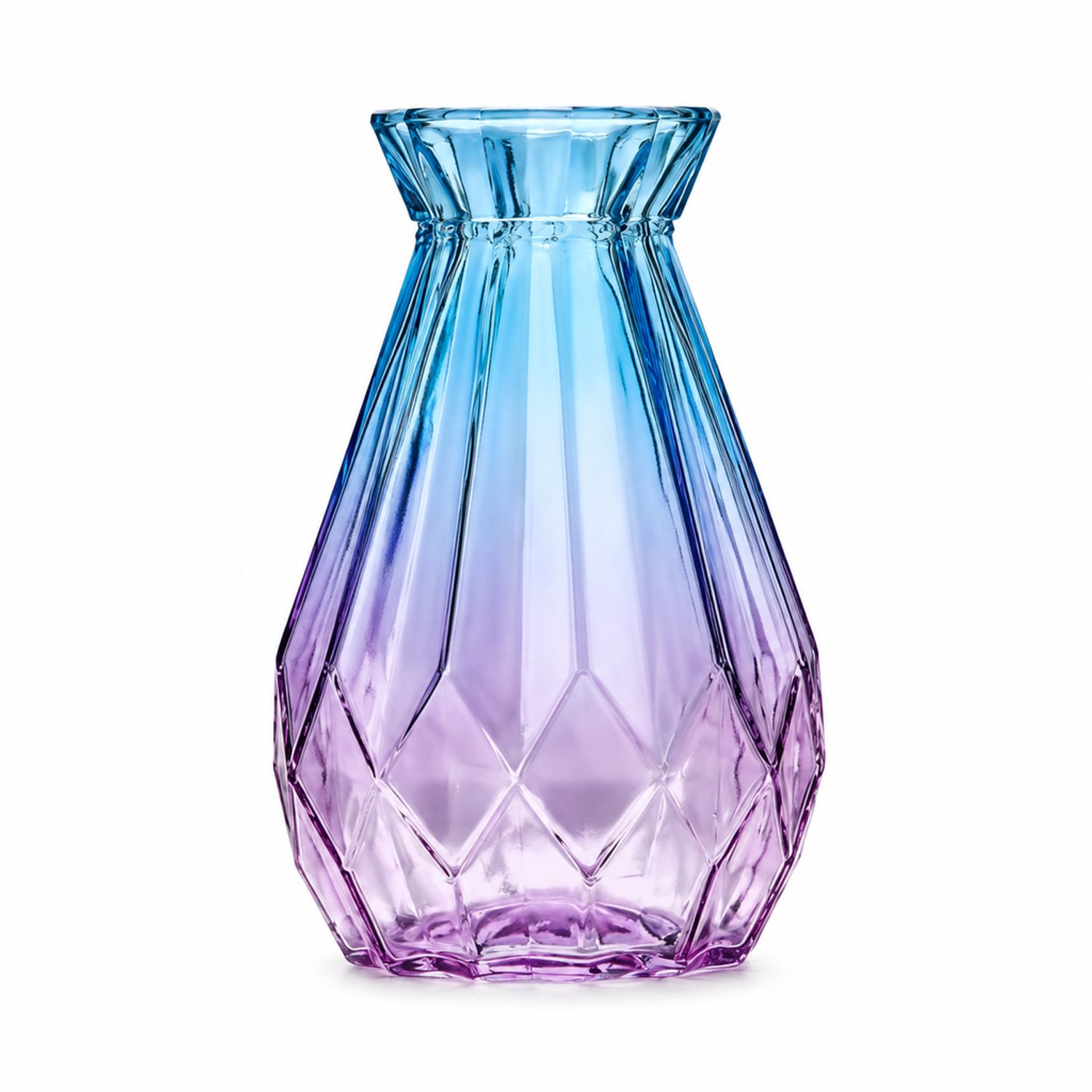 Glazen vaas 14 cm met blauw-paars kleurverloop en origamireliëf - voor droogbloemen en woondecoratie