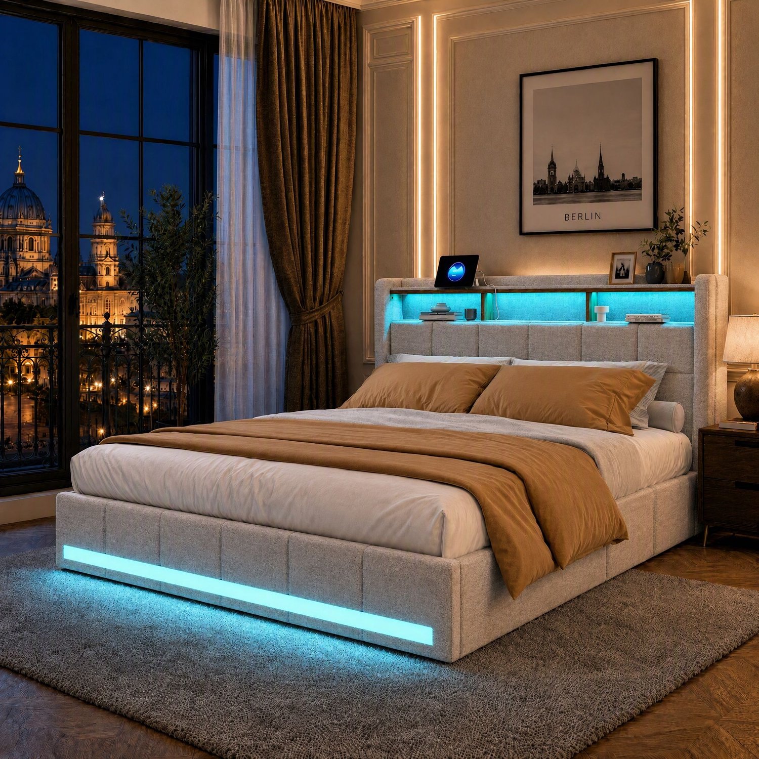 Mofor Gestoffeerd opbergbed 140x200 cm met 4 lades en lattenbodem - tweepersoonsbed met RGB LED-verlichting - hoofdbord met opbergplank en USB-poorten - linnen bekleding - beige