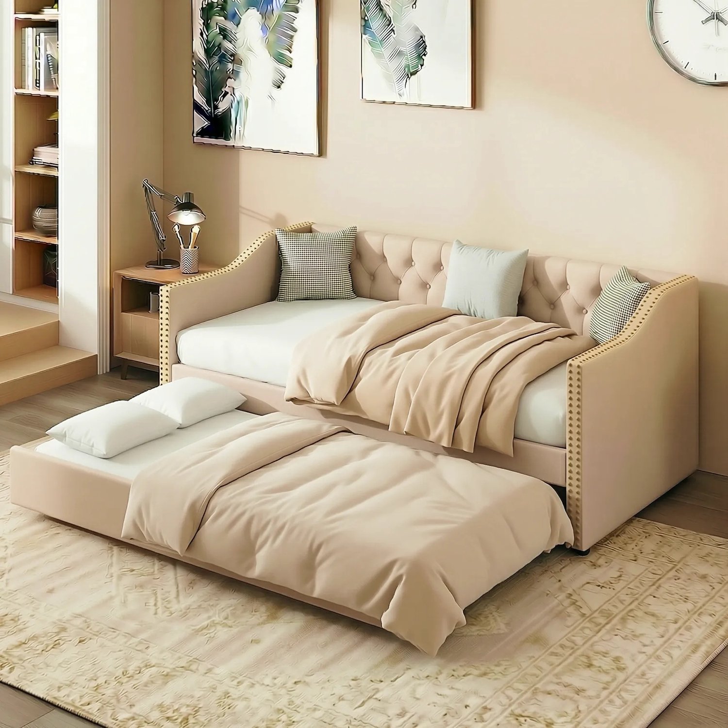 Mofor Bedbank 90x200 cm met uitschuifbed - gestoffeerde bekleding - linnen - beige