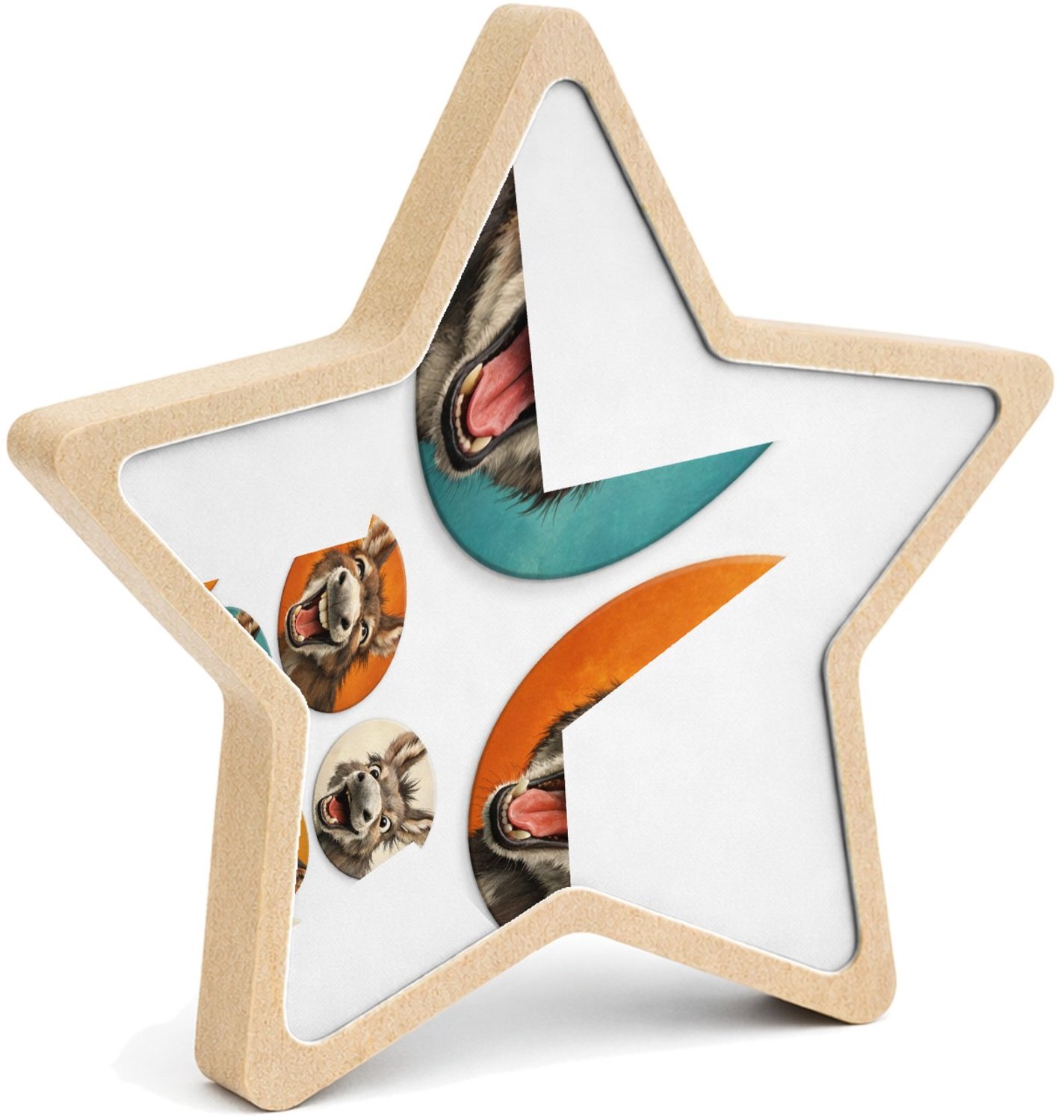 Mr Cadeautjes MDF fotolijst ster 14 x 13,5 - design Ronde set met grillige kippen- of hanenkoppen in een speelse | cadeau Wit