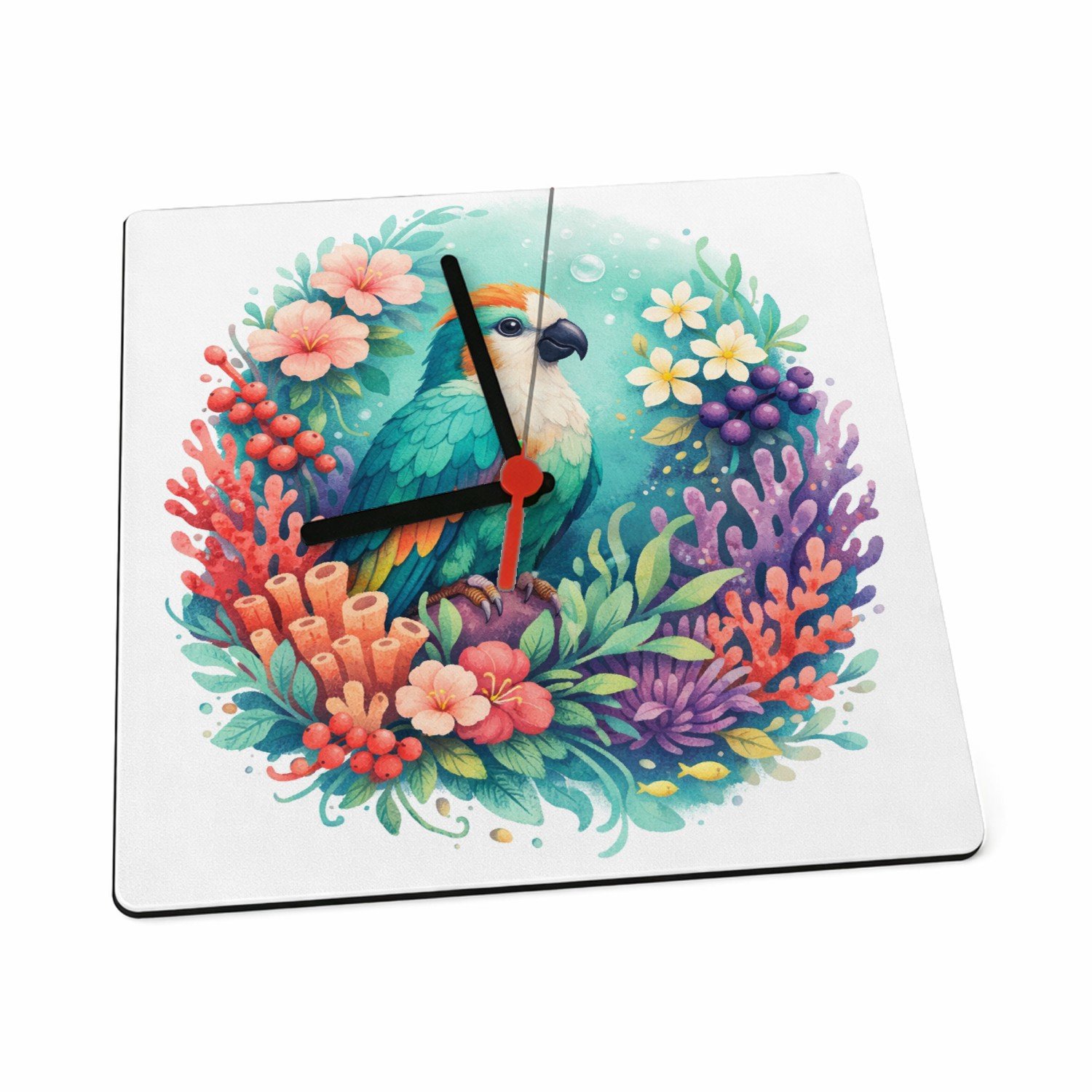 Mr Cadeautjes Klok 19 x 19 - design Een tropische vogel in een weelderige bloemenzee met bladere | cadeau Wit