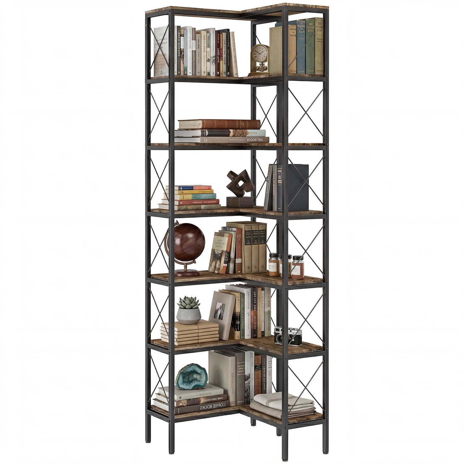Lunpog Boekenkast met zes planken voor in de hoek - Industriële boekenkast voor in de hoek - Afmetingen: 60 cm x 60 cm x 200 cm - Vintage bruin Zwart/Bruin