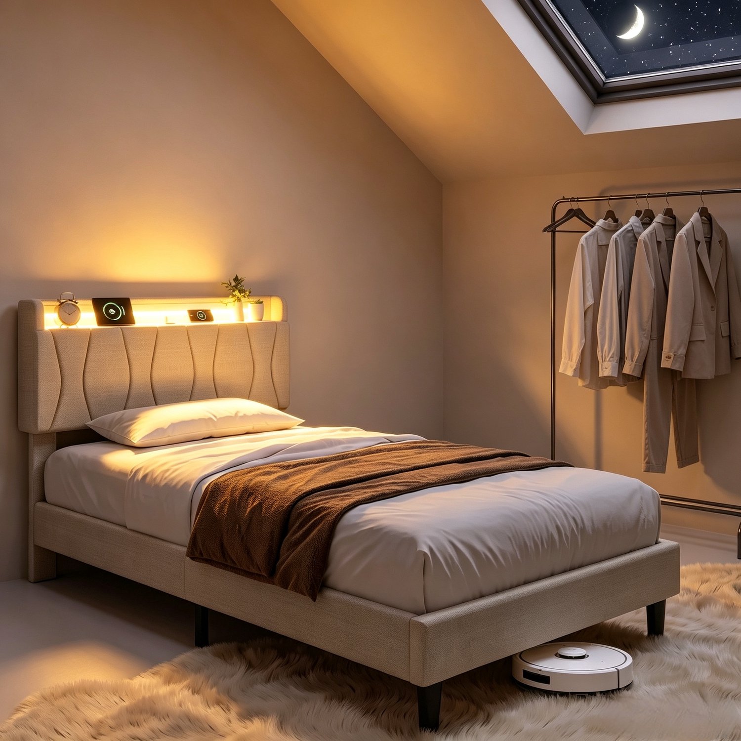 Mofor Gestoffeerd Eenpersoonsbed 90x200 cm met RGB LED-verlichting en USB/Type-C - Hoofdbord met Opbergruimte - Linnen - Beige