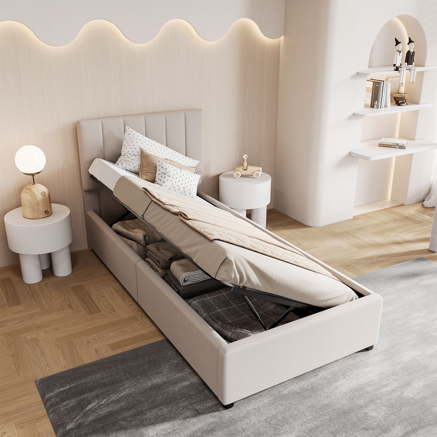 Mofor Gestoffeerd Kinderbed 90x200 cm met Verstelbaar Hoofdbord en Lattenbodem - Opbergbed - Linnen - Beige