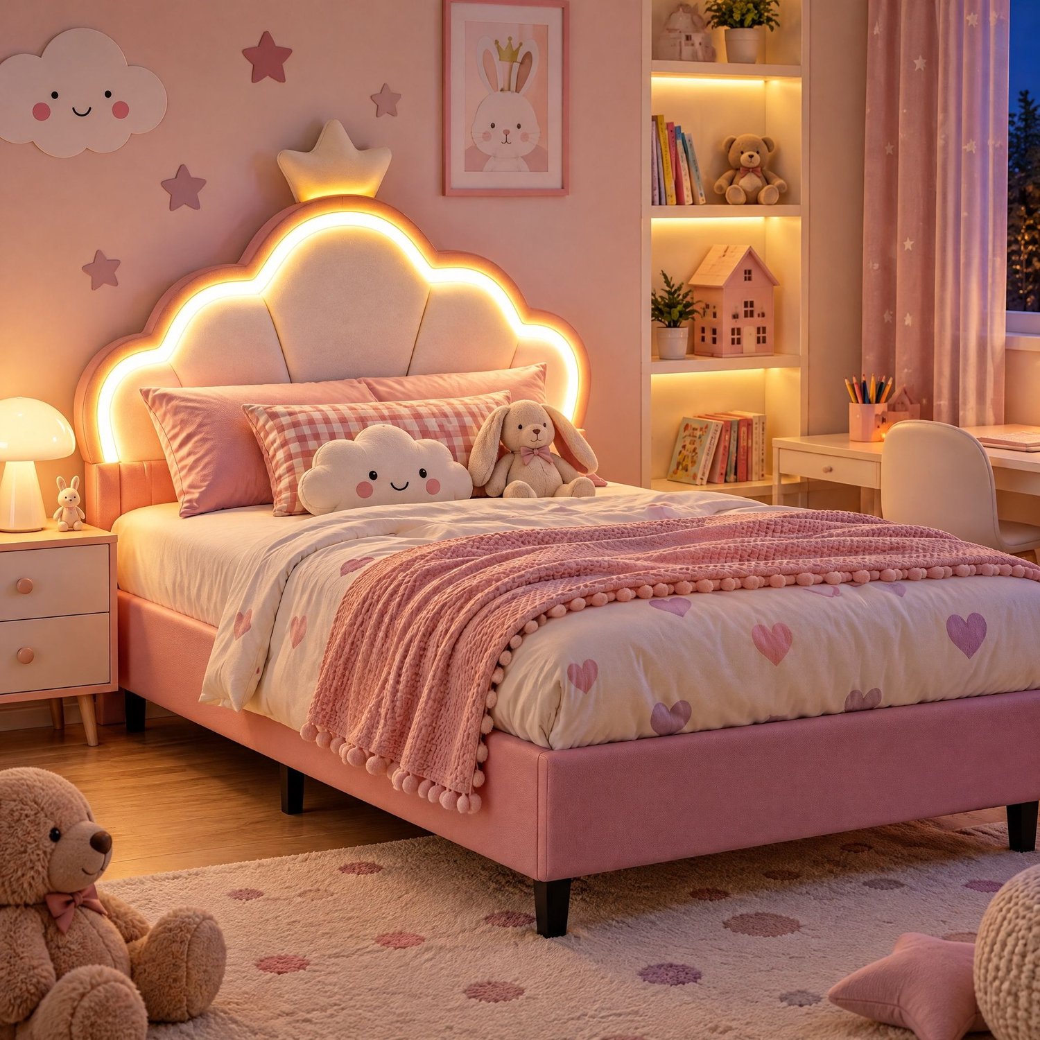 Mofor Gestoffeerd Tweepersoonsbed 140x200 cm met LED-verlichting en verstelbaar hoofdbord - Fluweel - Roze/Wit Roze, Wit