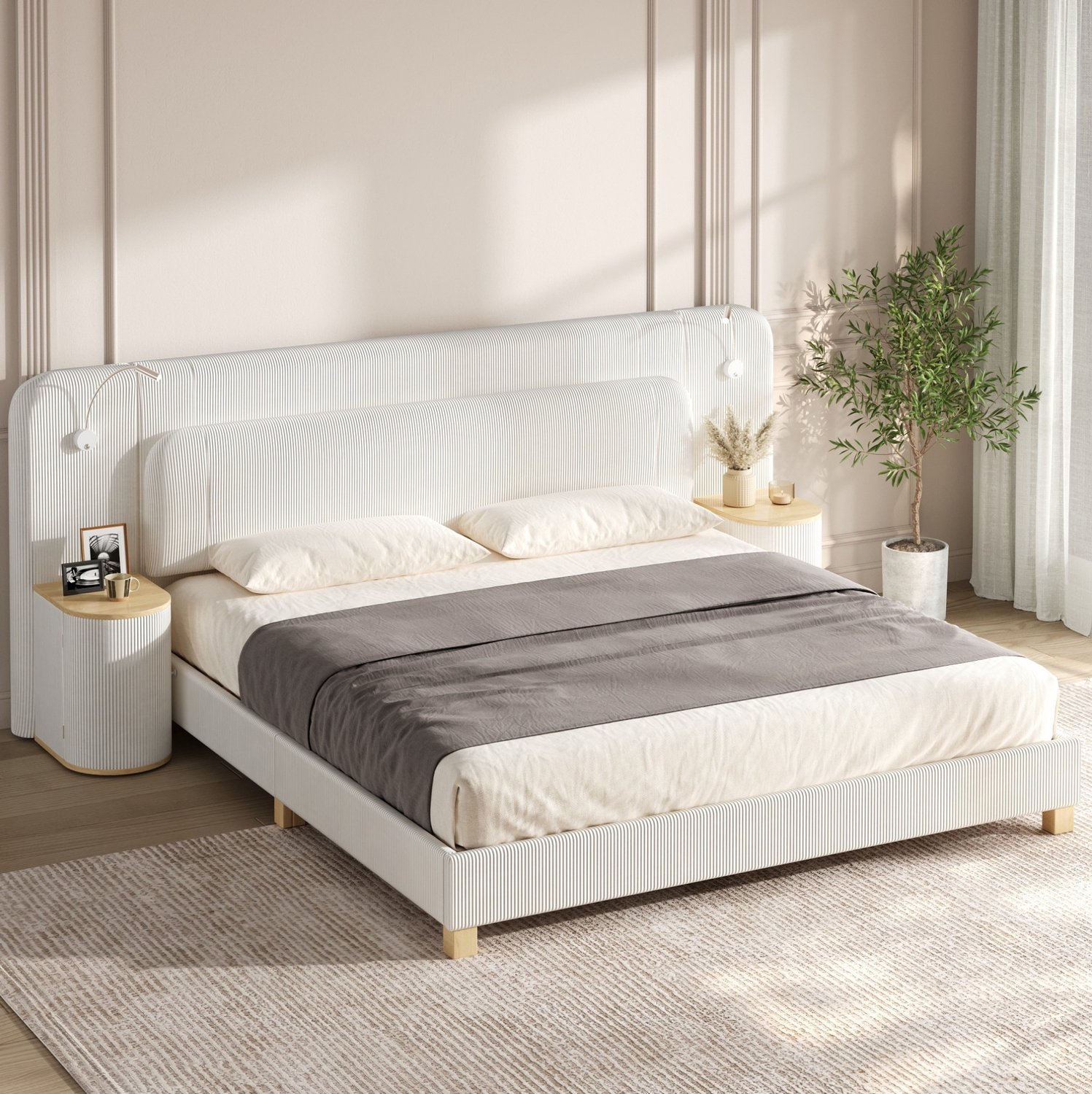 STILVORA Tweepersoonsbed 180x200 cm – Gestoffeerd Bed met Ledlampen – Nachtkastjes met Opbergruimte – voor de Slaapkamer – Ribstof – Beige