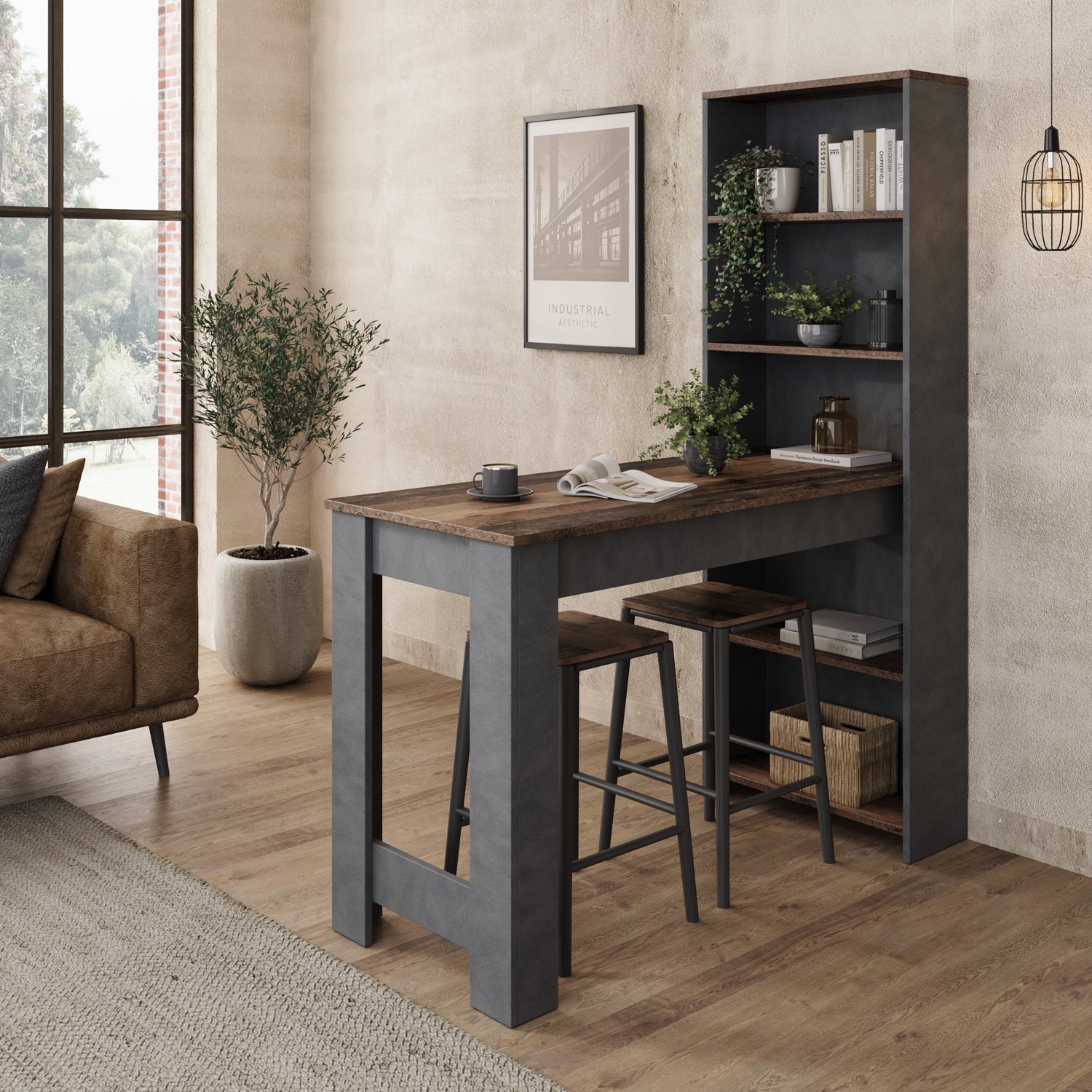 MEUBELLA Montrell - Eetkamertafel - Donker eiken/Grijs - 120x54x154cm Bruin|Grijs