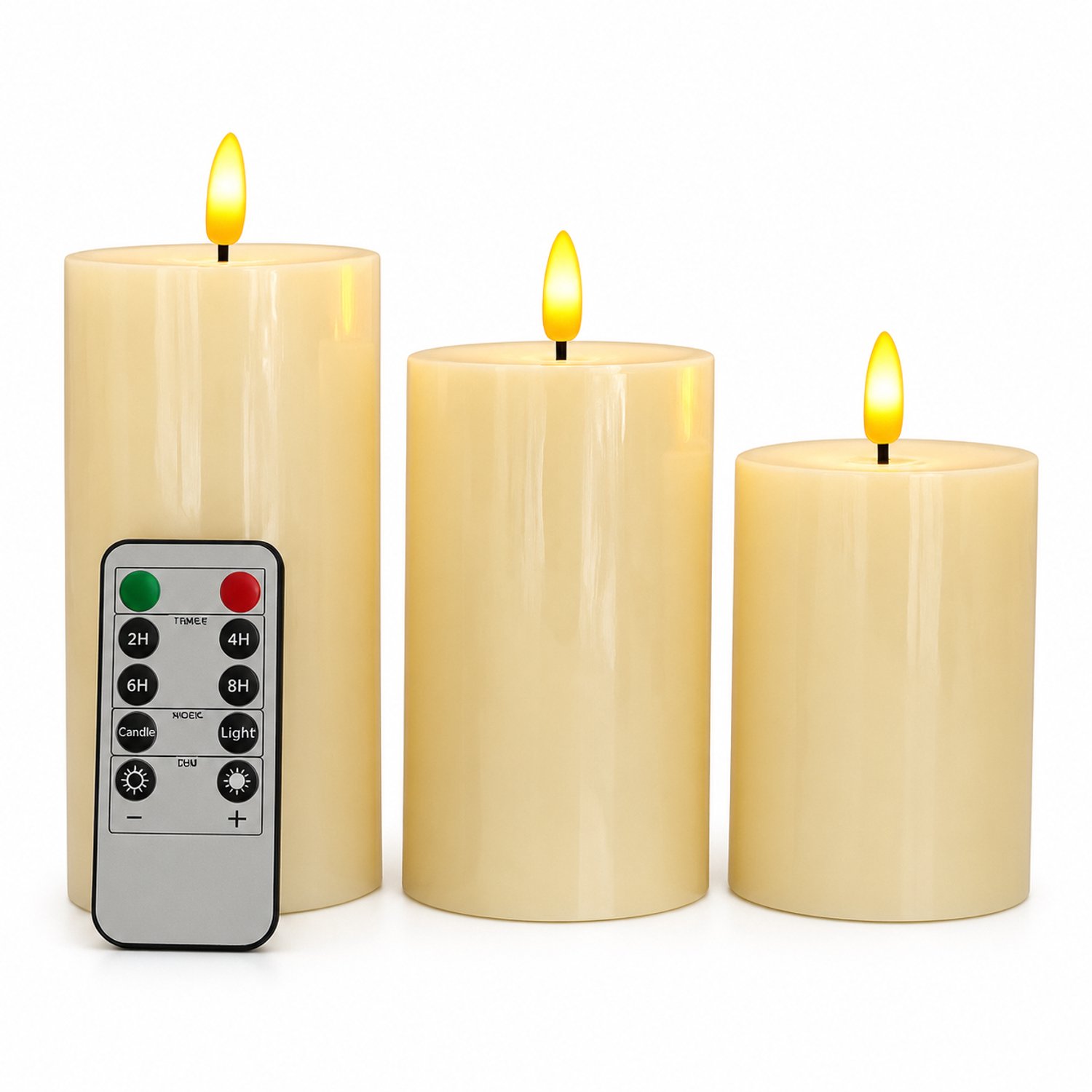SWGOTA led kaarsen, set van 3 in ivoor, paraffine met vlakke bovenkant, warm geel licht, 10/12,5/15 cm, met 1 afstandsbediening Ivoorwit