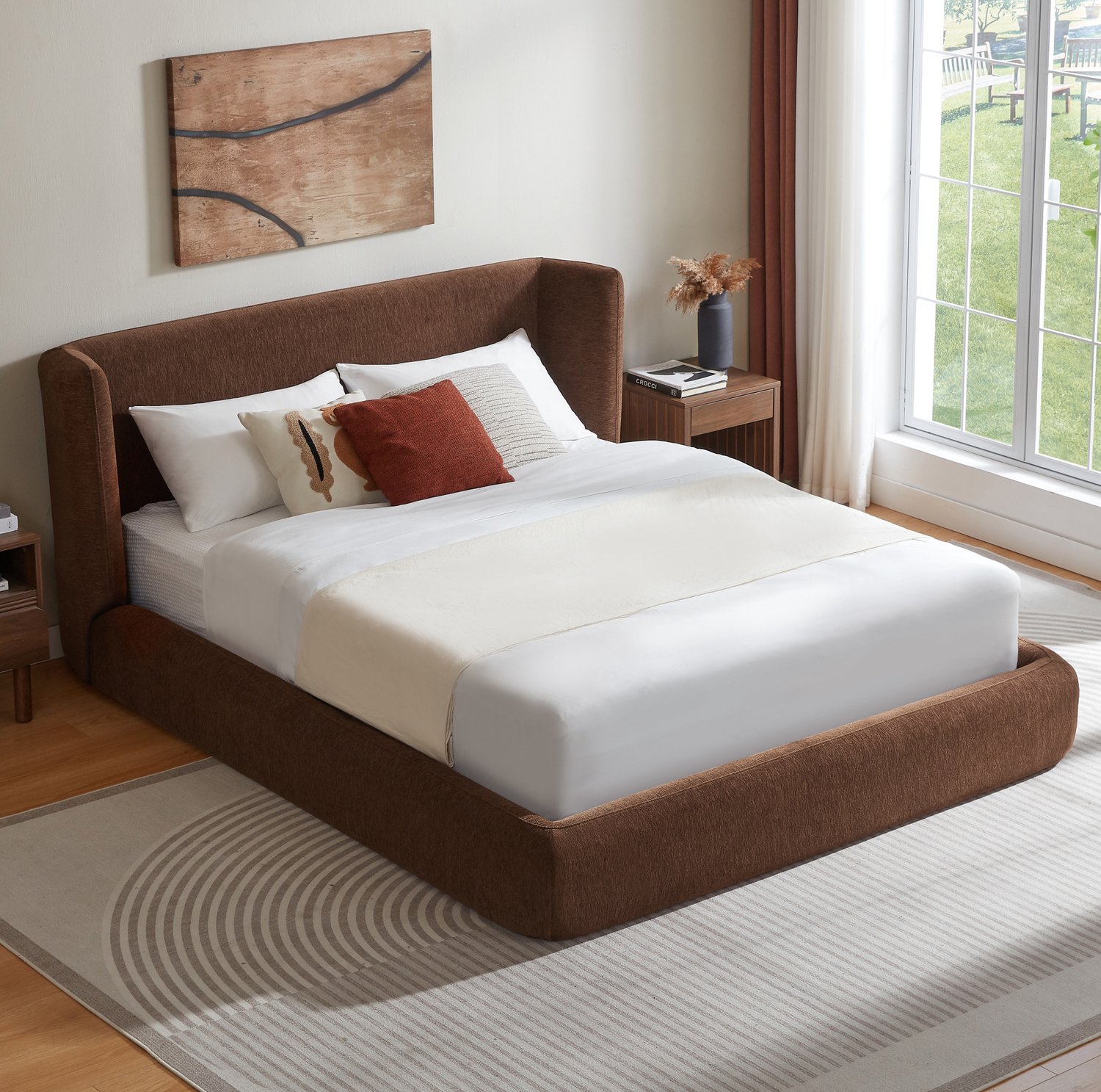 MODFU Bedframe - Gestoffeerd Hoofdbord - Stalen Ondersteuning - Bruin - 160 X 200 Cm
