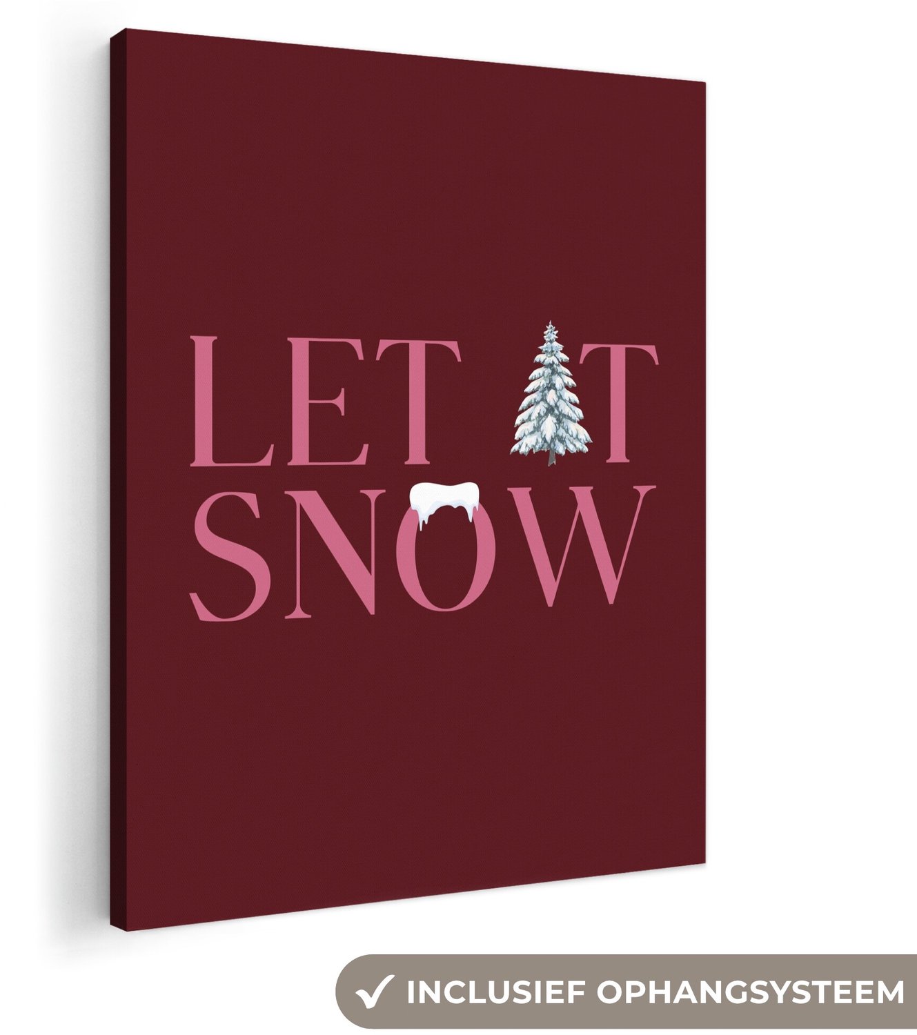 Canvas schilderij 70x100 cm - Exclusieve wanddecoratie Tekst - Kerst - Sneeuw - Roze - Muurdecoratie woonkamer - Slaapkamer decoratie - Kamer accessoires - Schilderijen op canvas - Kerstdecoratie voor binnen - Kerstversiering - Kerstmis versiering