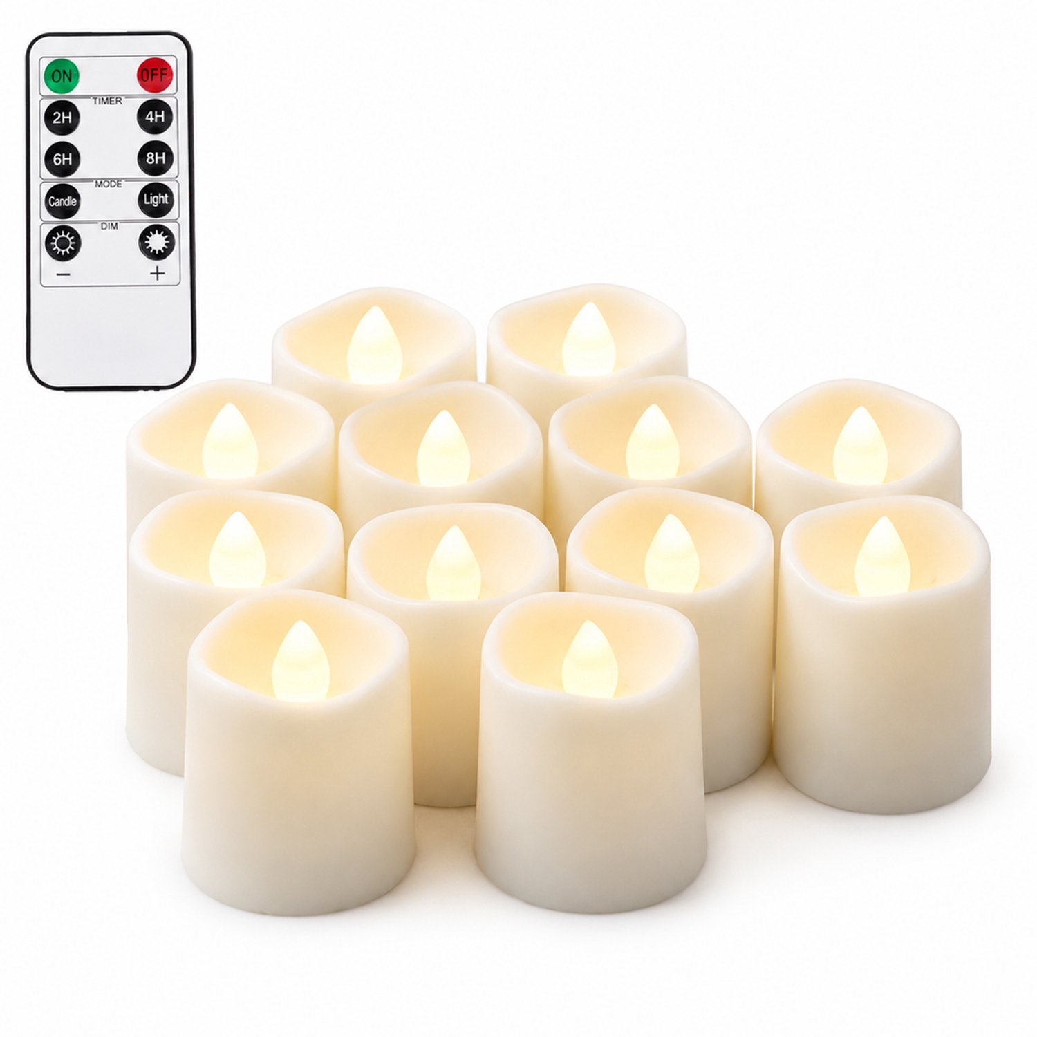 SWGOTA led kaarsen, 12 grote theelichtjes per doos, wit met warm licht en vlamvorm, inclusief kleine afstandsbediening met knoopcel