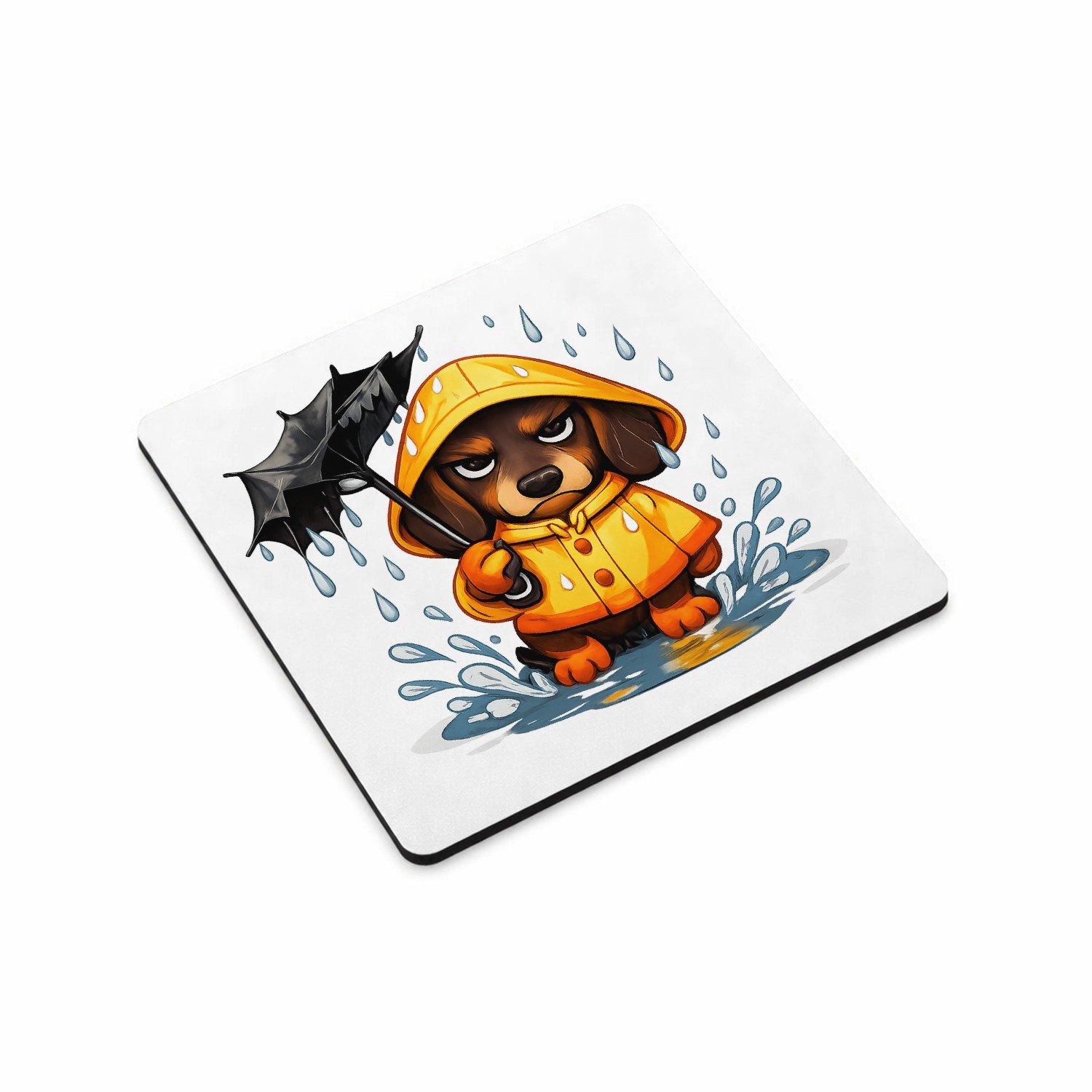 Mr Cadeautjes MDF magnetische fotolijst vierkant 9,5 - design Een chagrijnige teckel in een regenjas met een kapot ogende | cadeau Wit