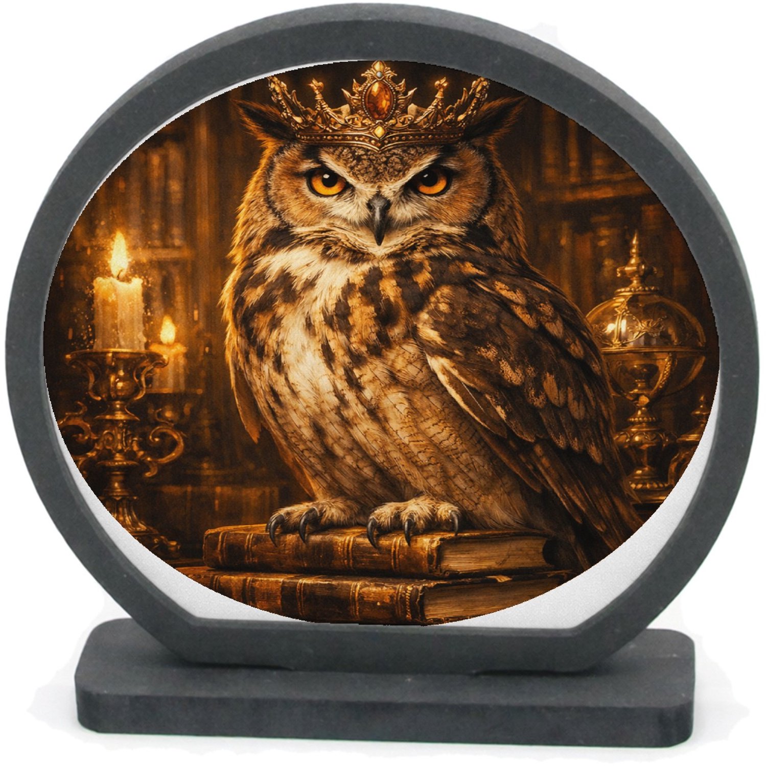 Mr Cadeautjes Houten fotolijst rond met MDF inleg - design Een chique uil in een bibliotheek vol gouden licht en oude b | cadeau Wit
