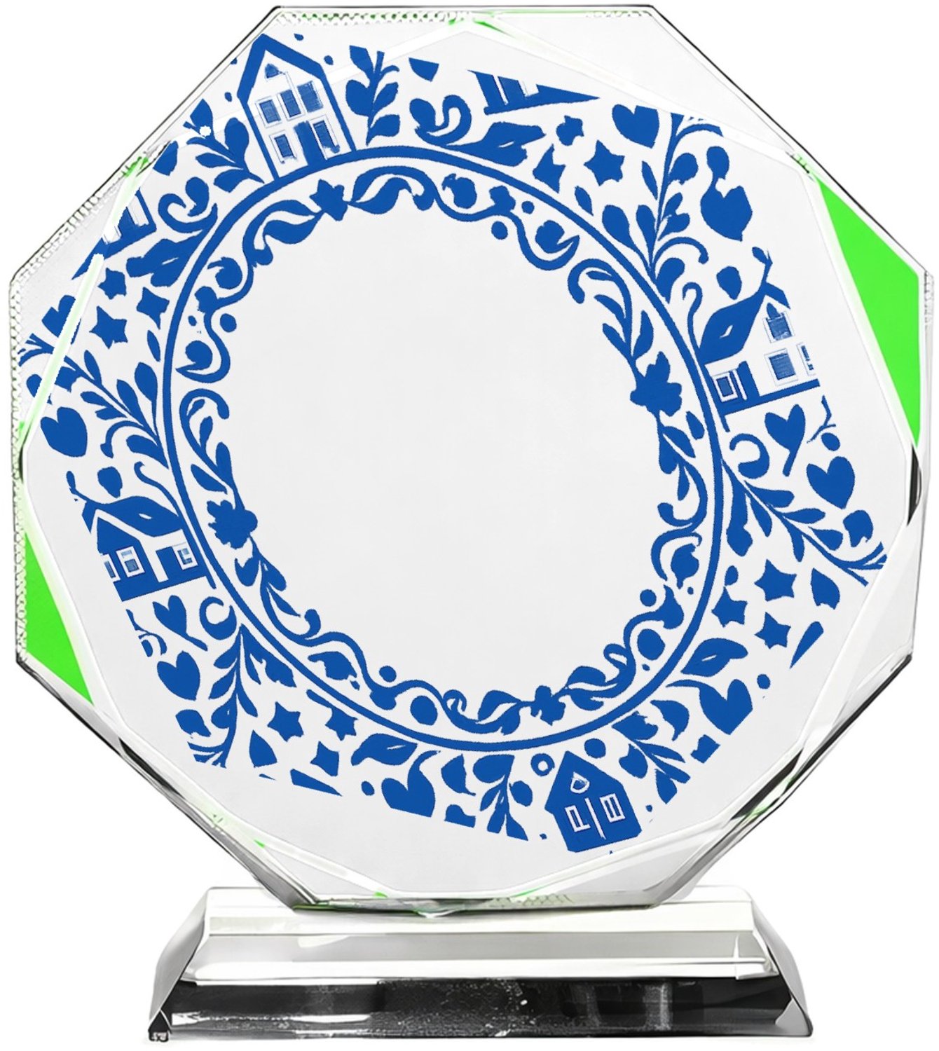 Mr Cadeautjes Fotokristal hexagon - design Een klassieke blauw-witte rand met huiselijke symbolen en ee | cadeau