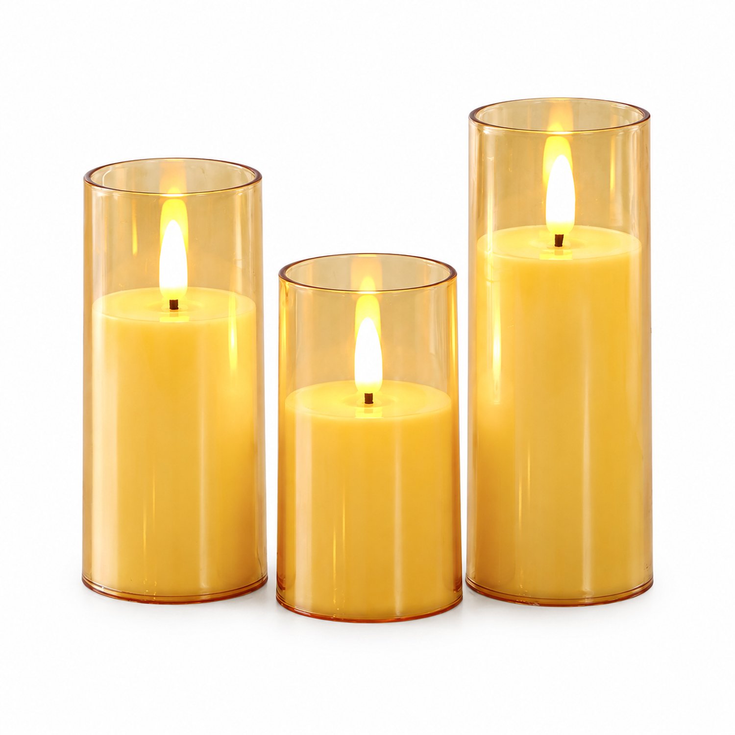 SWGOTA led kaarsen, set van 3, theebruin, diameter 5,5 cm, hoogtes 10/12,5/15 cm, vlakke rand en vlamvormige lichtpunt