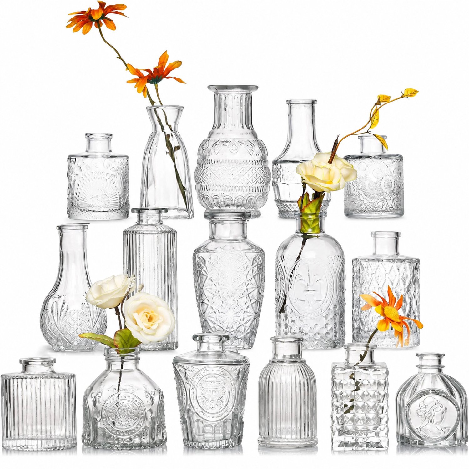 SWGOTA Transparante glazen vaasjes, set van 16 - Diverse vormen met retro reliëf voor kunstbloemen en tafeldecoratie - In kartonnen doos