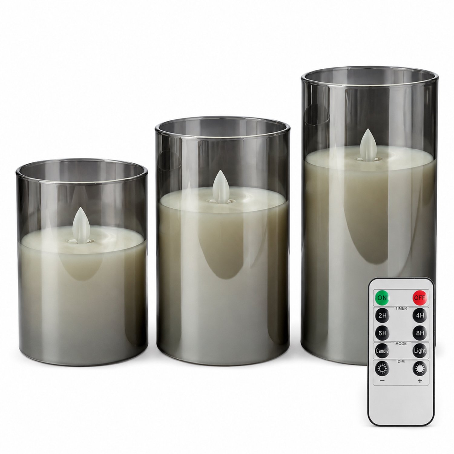 SWGOTA led kaarsen, grijze set van 3 met bewegende vlam en afstandsbediening, 7,5 × 10/12,5/15 cm, transparante cilindervormige buitenhulzen Grijs