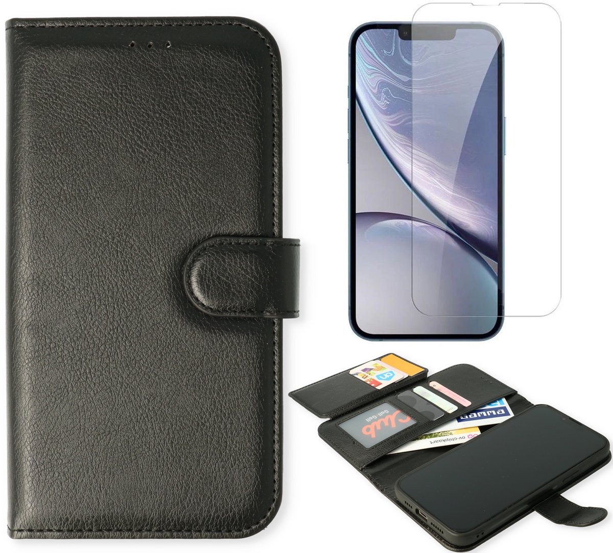 Casemania Hoesje en Glas Geschikt voor Apple iPhone 18 Pro Max - Zwart - Geschikt voor MagSafe - 2 in 1 Luxe Kunstlederen Portemonnee Book Case met Extra Vakken + 1x Glazen Screenprotector