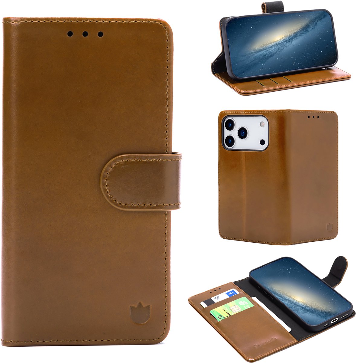Casemania Echt Leren Hoesje Geschikt voor Apple iPhone 18 Pro - Sienna Brown - Leer Book Cover - Portemonnee Telefoonhoesje met Pasjeshouder