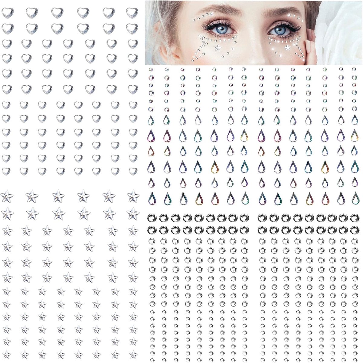 Tijdelijke tatoeages Glittergezichtssteentjes Kristalstickers voor make-upfeestjes, pakket van 668