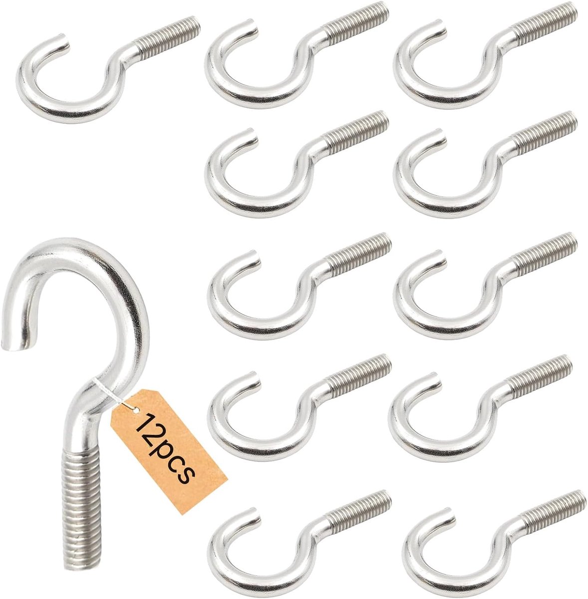 Haken van roestvrij staal, M6 x 50 mm, schroefhaken met schroefdraad, haken om in te schroeven, voor muur en plafond, 12 stuks