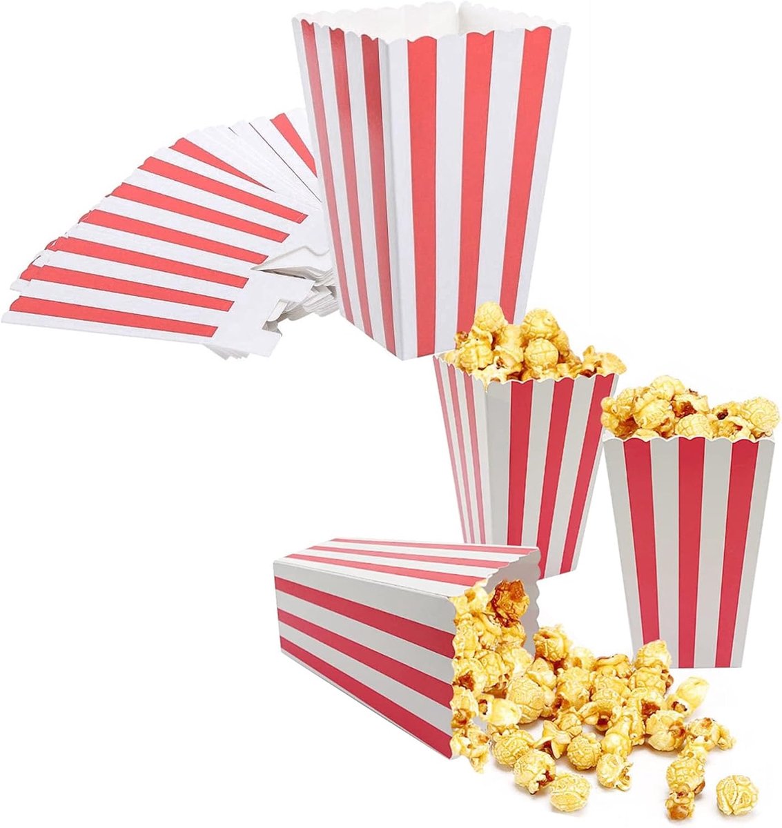 50 stuks popcorndozen, popcornzakjes, papieren popcornbekers, gestreepte popcornbox, snoepcontainer, popcornzakjes voor snacks, friet, thuis, bioscoop, feest (9 x 7 x 16 cm)