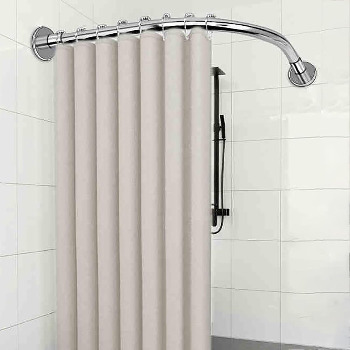 Douchegordijnstang, L-vormige gordijnstangen zonder boren, uittrekbaar, gebogen stang voor badkuip van roestvrij staal, 70-95 x 70-95 cm, zilver