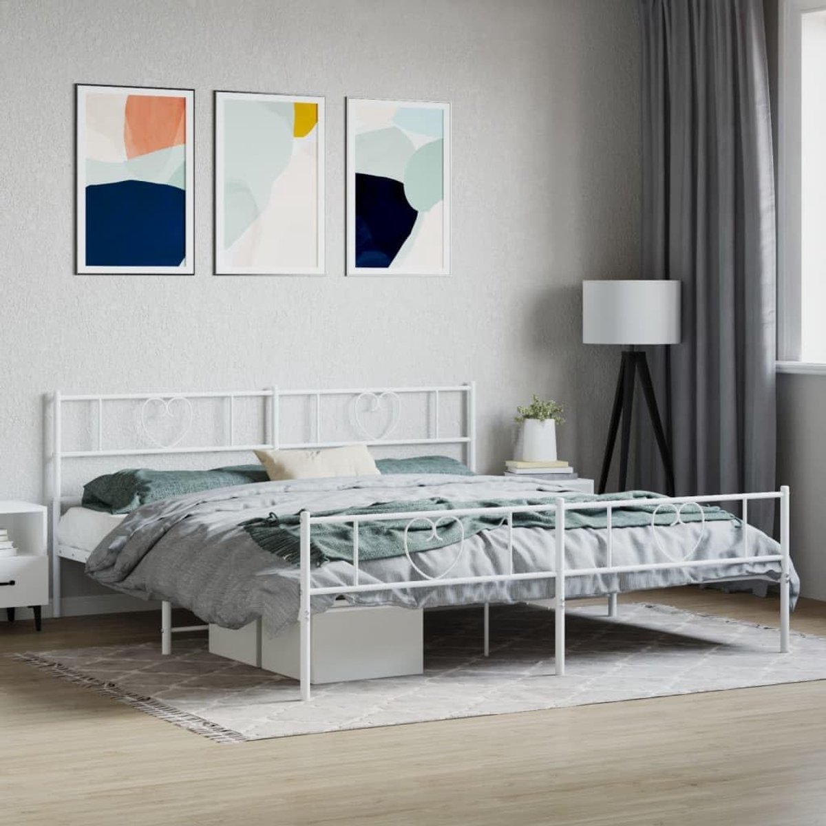 Bedframe met hoofd- en voeteneinde, metaal, wit, 193 x 203 cm, bedframe voor woonkamer, hotelbedframe, slaapkamer, geschikt voor slaapkamer