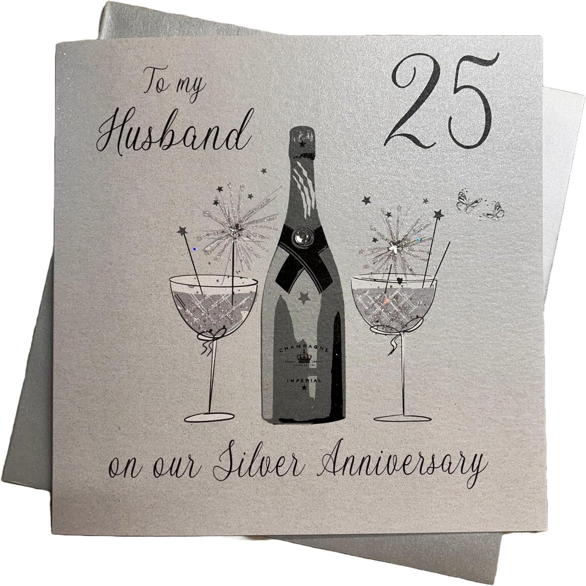 witte katoenen kaarten Aan Mijn Man Zilver Bruiloft, Grote Handgemaakte 25e Verjaardagskaart (Champagne & Chocolaten)
