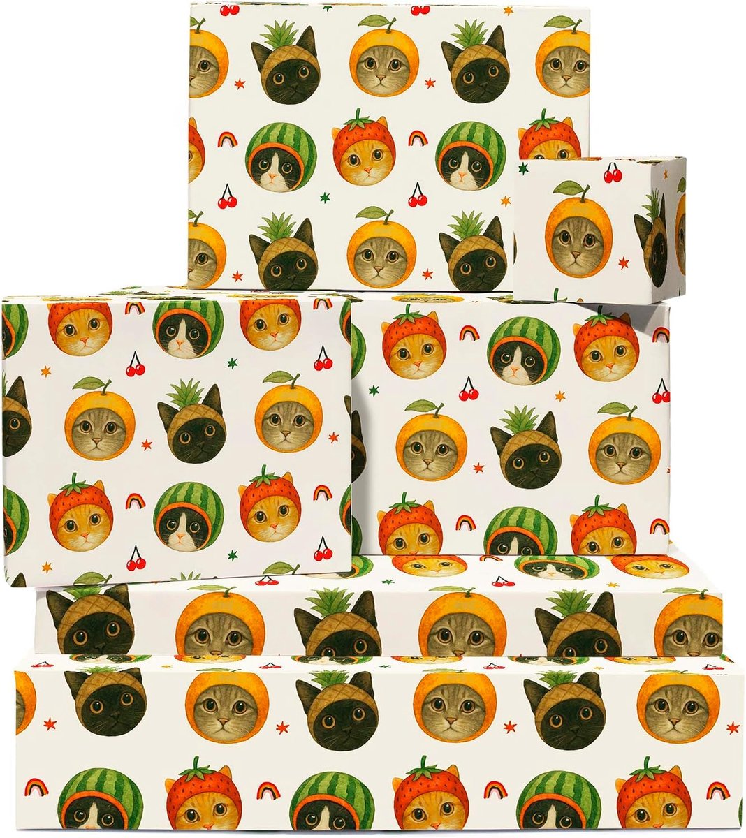 Cadeaupapier, 6 vellen met katten zoals ananas, oranje en watermeloen, voor kattenliefhebbers, kinderen en vrienden, Kerstmis, feestdagen, babyshower Central 23