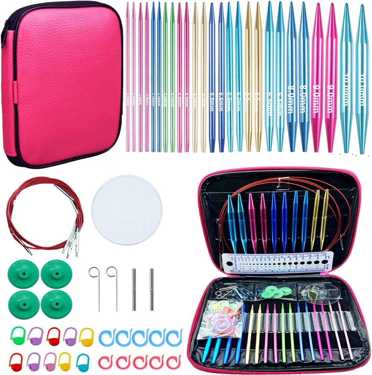 60 stuks verwisselbare rondbreinaalden set met etui 13 paar aluminium rondbreinaalden voor handgemaakte doe-het-zelf breinaalden met breien accessoires, (2,75 mm-10 mm)