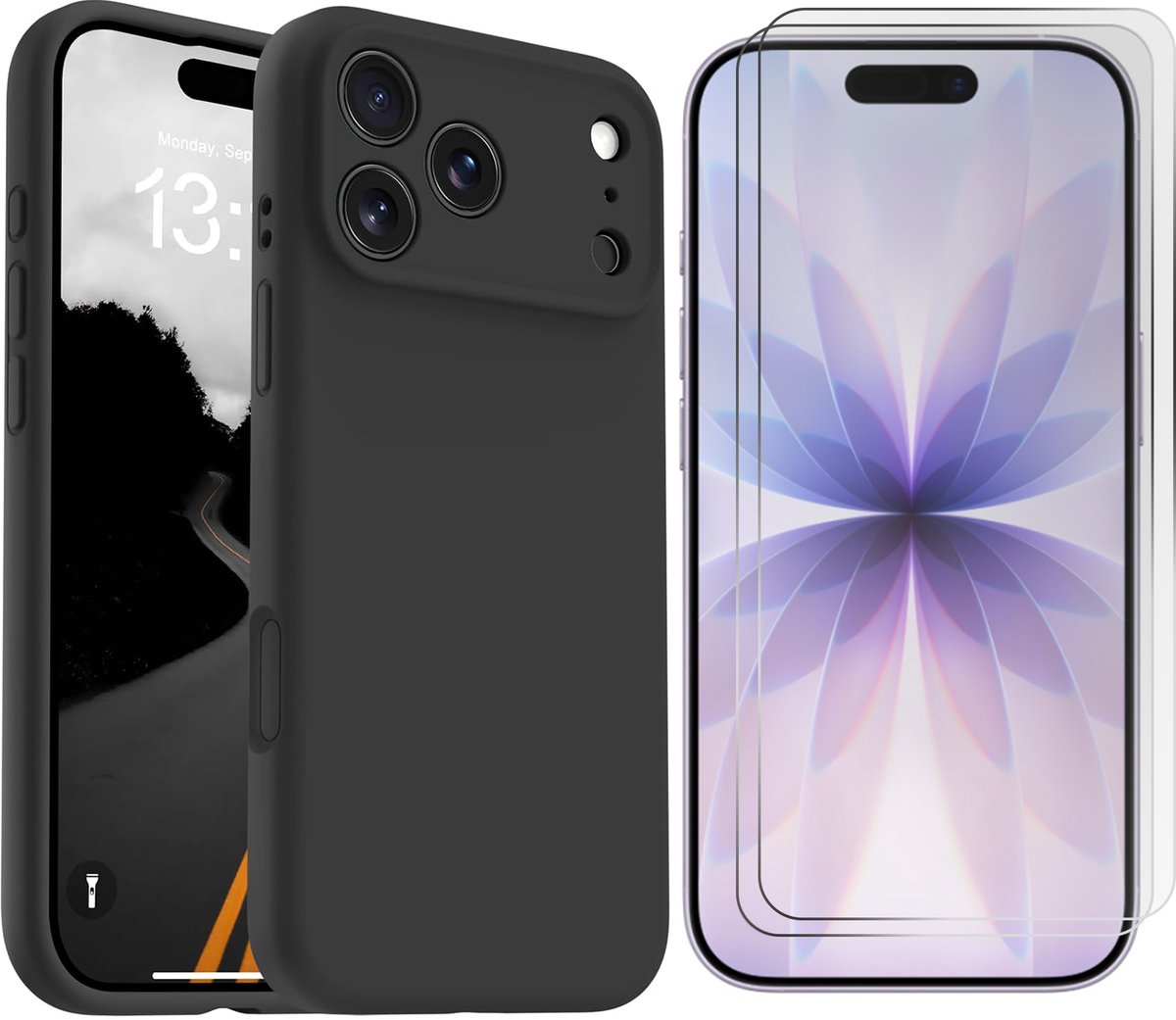 Hoesje en Glas Geschikt voor Apple iPhone 18 Pro - Zwart - Casemania Siliconen Back Cover met Camera Bescherming + 2x Tempered Glazen Screenprotector - Shockproof Telefoonhoesje