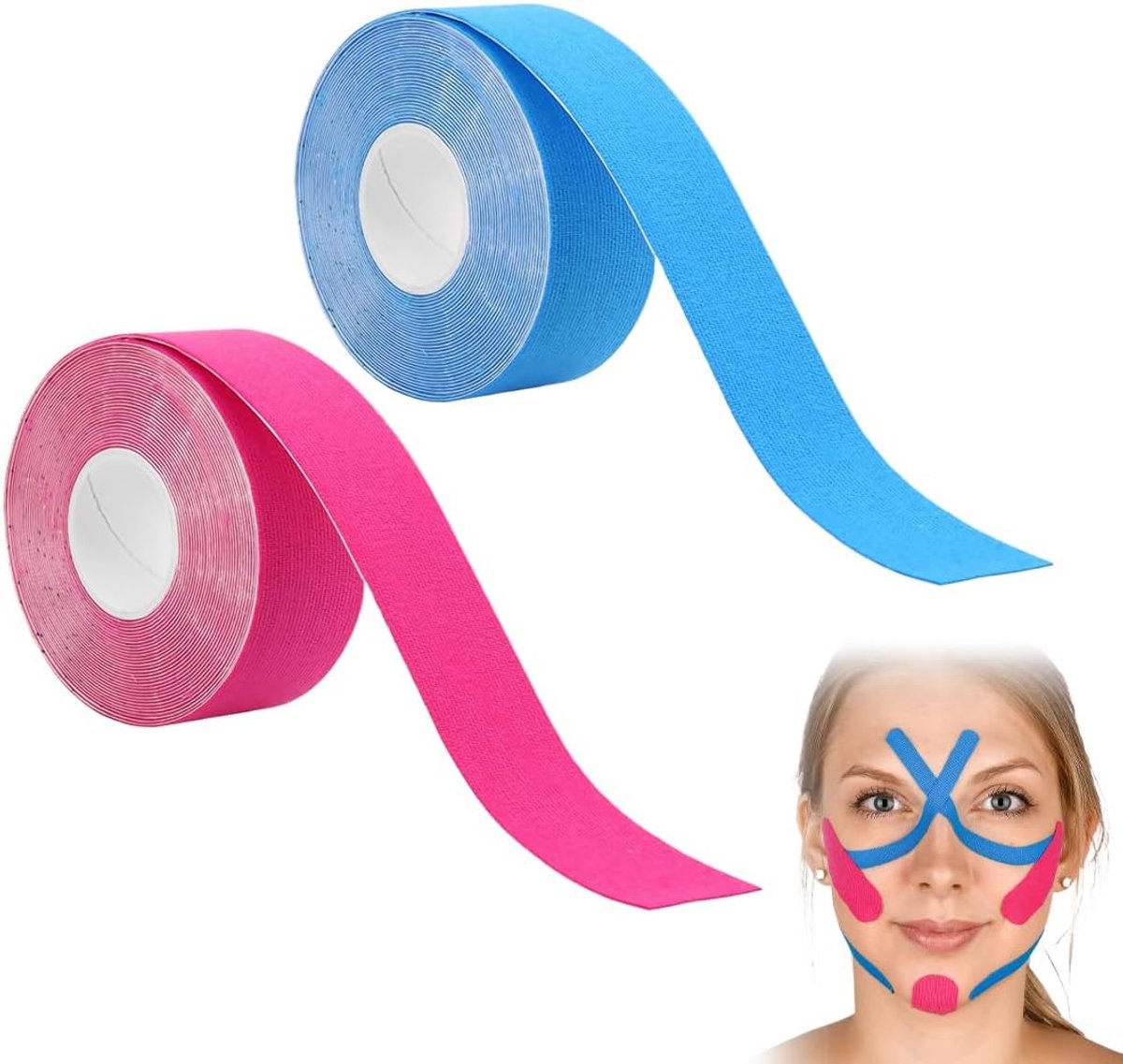 2 rollen ademende facelift spierband, multifunctionele facelift en versteviging myofasciale band (2,5 cm x 5 m) (blauw en roze)