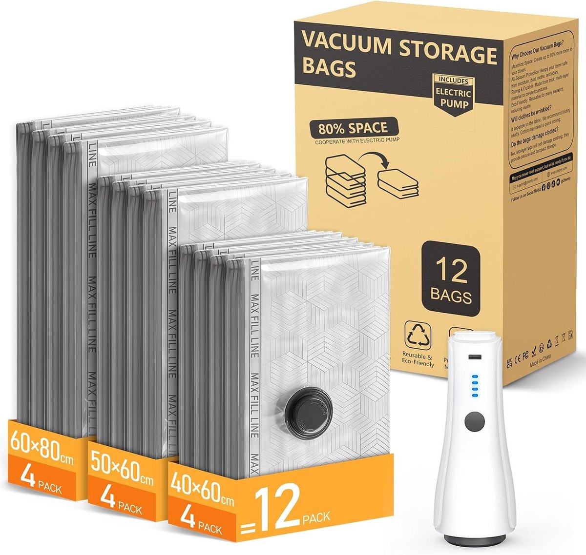 Herbruikbare vacuümopslagzakken met draadloze elektrische luchtpomp, luchtdichte zakken voor kleding, dekens en koffers, 15 stuks met sterke zuigkracht van -5000PA