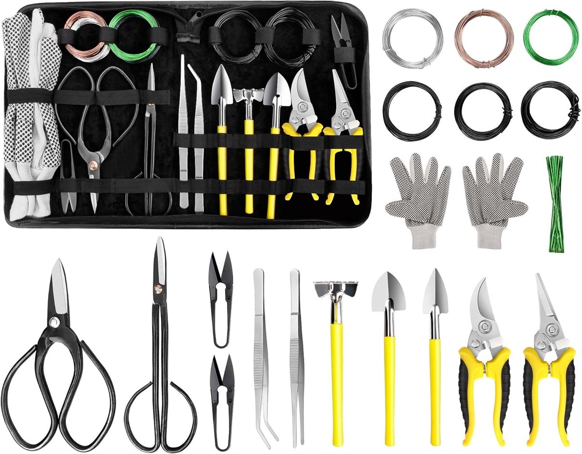 Complete Bonsai Tool Set van 19 Stukken met Tuinschaar, Bonsai Schaar, Mini Hark, Ronde Schep, Bonsai Draad en Tuinhandschoenen voor Perfecte Bonsai Verzorging