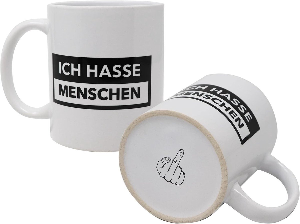 Up Grappige mok - Ich Hasse Mensch- met bodendruk middelvinger - cadeau voor misantropen, collega's, vrienden, ochtendhuppels - witte koffiemok