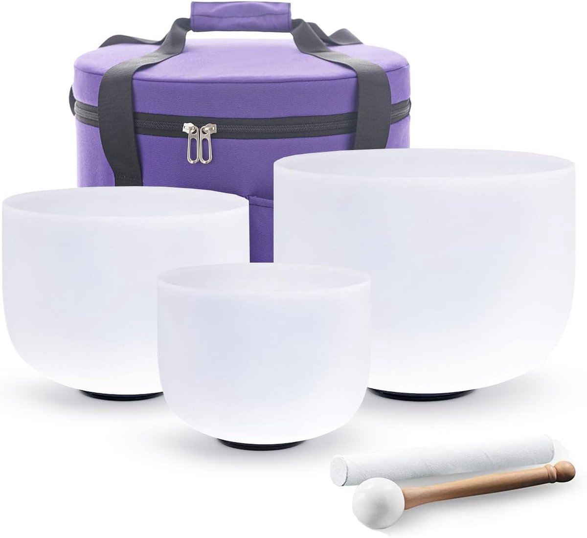 Klankschalenset, 432 Hz, 17,8 cm, 22,9 cm, 28 cm D, met draagtas, hamer voor geluidsgenezing, therapie, meditatie, yoga, kristallen klankschaal, set van 3 stuks