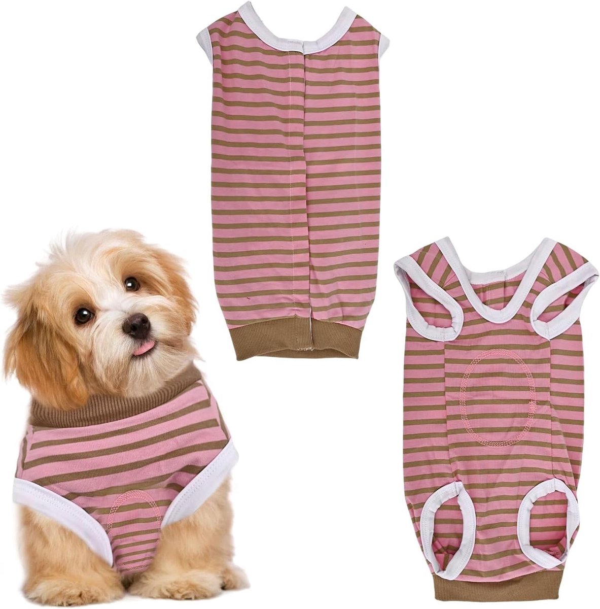 Herstelpak voor Honden na Chirurgie, Beschermend Pak tegen Lekken, Zacht Bodysuit voor Huisdieren (Roze en Bruine Strepen, Maat L)