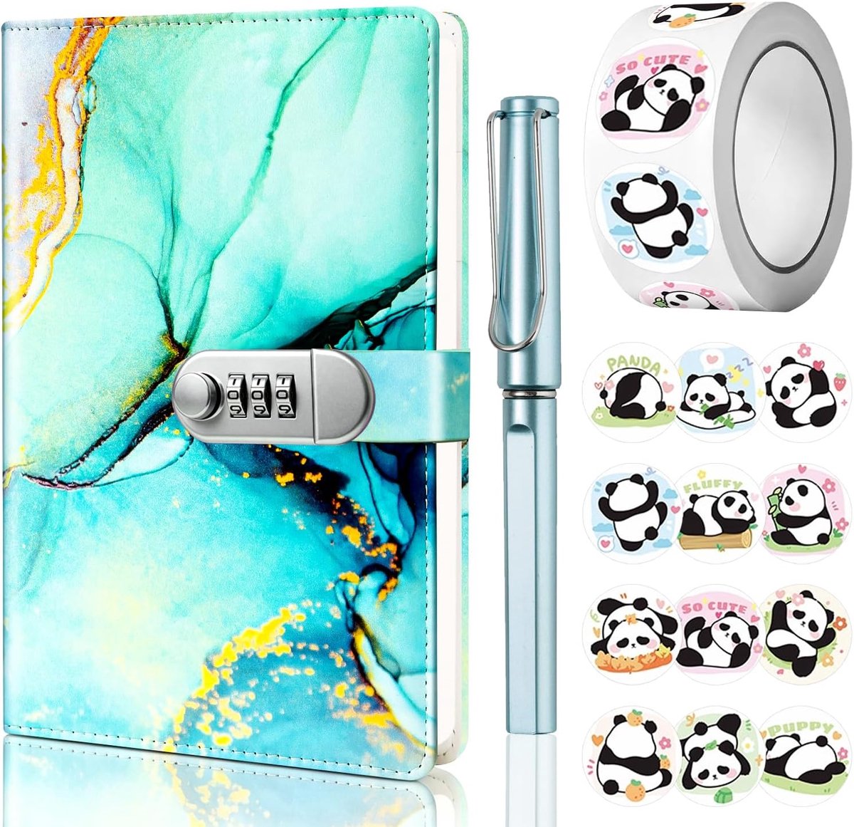 Agenda met Slot voor Meisjes, A5 Agenda met Code, Navulbaar Notitieboek van Kunstleer met Pen en Stickerset, Notitieboek met Slot om in te schrijven, Studenten, 21x15cm (Blauwgroen)