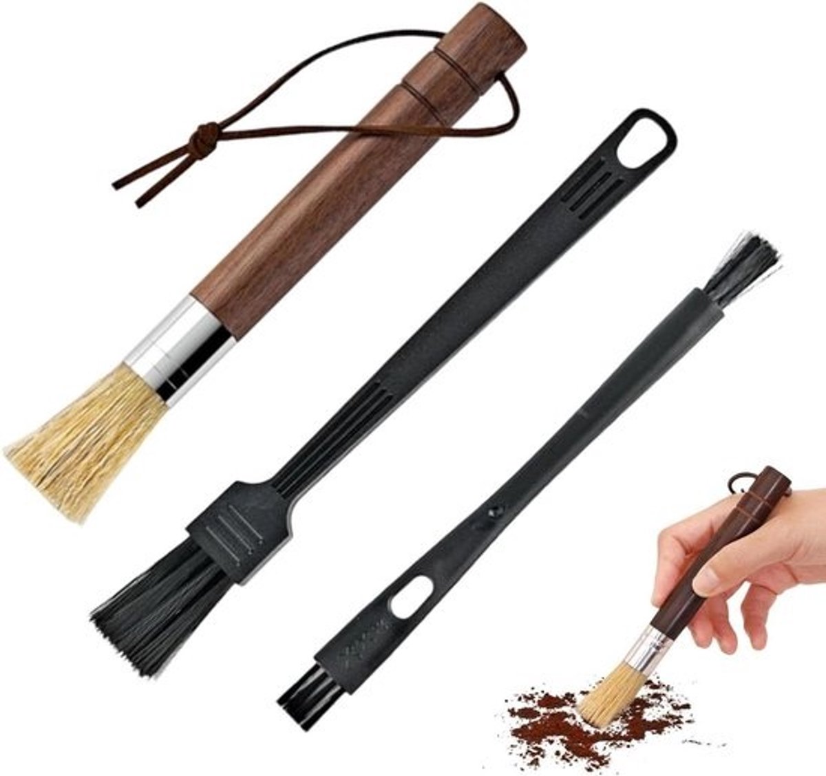 Koffiemolen Borstel Set - Reinigingsborstel Koffieapparaat - Hygiënisch Onderhoud - Natuurlijke Stevige Haren - 22L x 7B x 2H cm