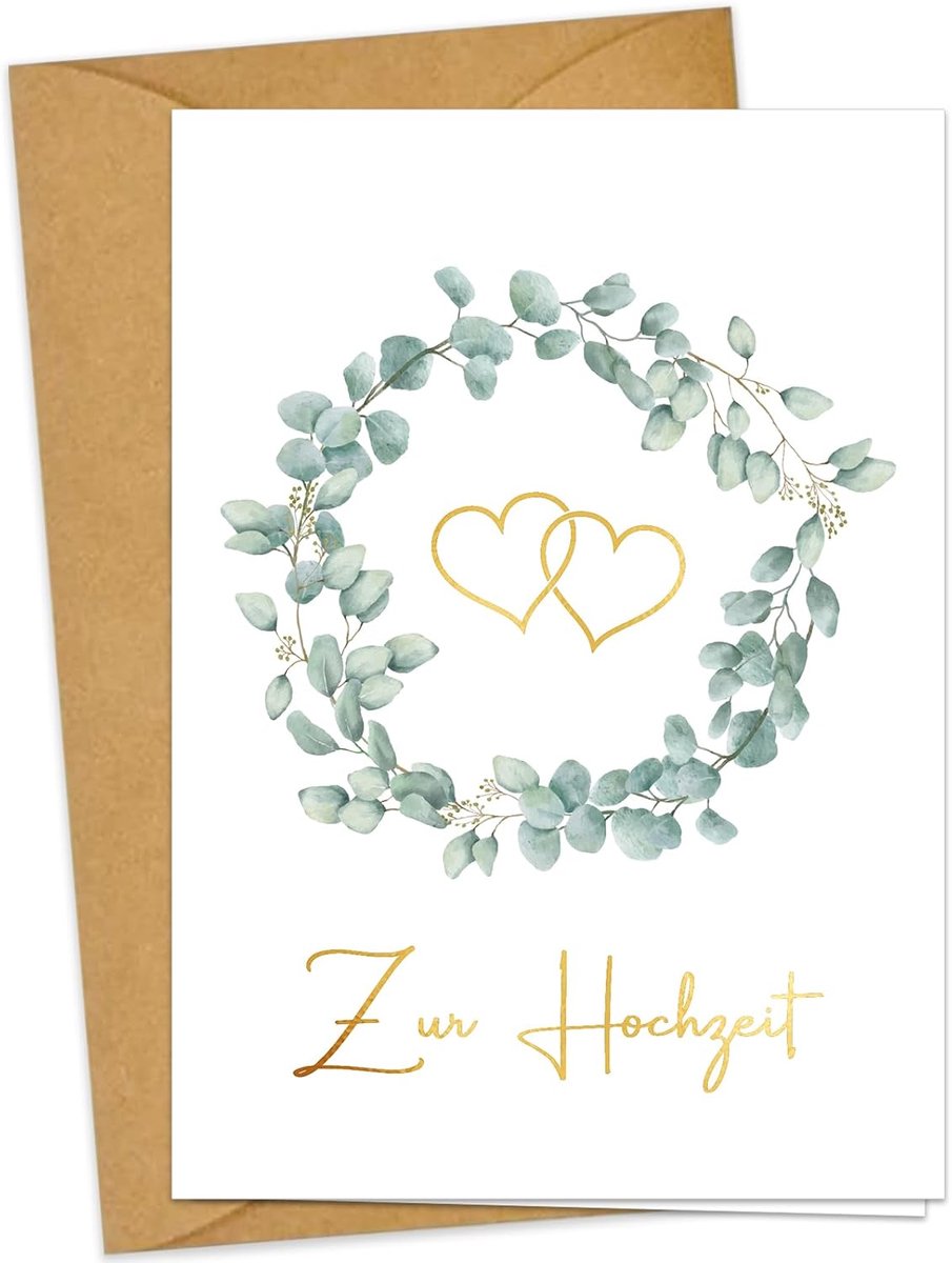 Premium bruiloftskaart met envelop van kraftpapier - kaart bruiloft met gouden hete folie-reliëf - wenskaart voor bruiloft bruiloft hart eucalyptus