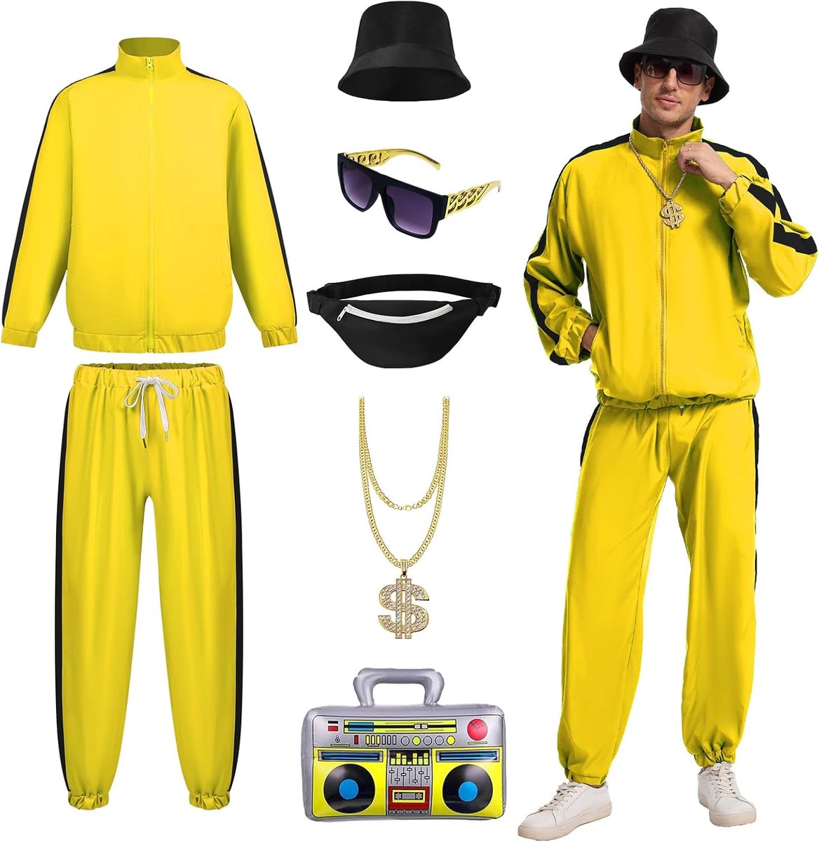 Hiphop-kostuumset voor heren, trainingspak met hoed, bril, gouden dollarketting, heuptasje en boomboxballon, hiphop-outfit voor feest, Halloween, cosplay