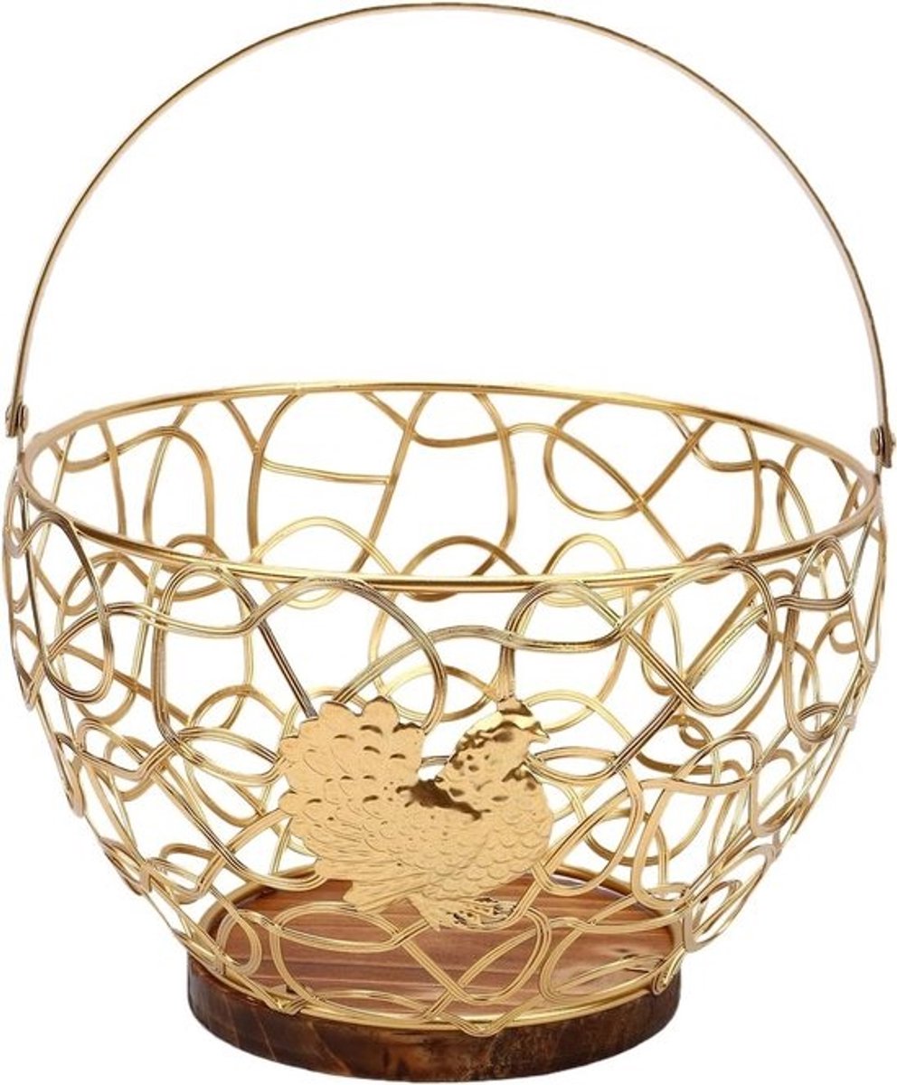 Metalen Eiermand - Keukenmand Boerderij - Eieren Opbergen - Decoratief Haan Patroon - 21x21x15 cm - Goudkleurig